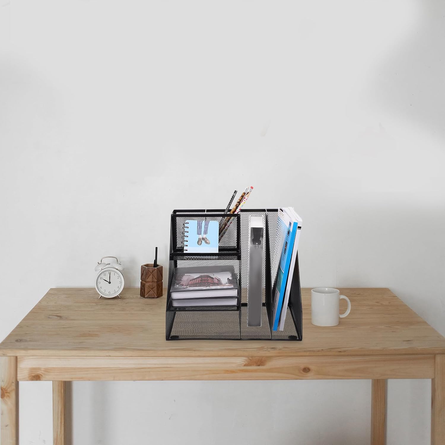 SECFOU Multifunction Metal File Rack Desktop Organizer Black Multi-compartment Office Document Storage Shelf for Workspace and Home Office