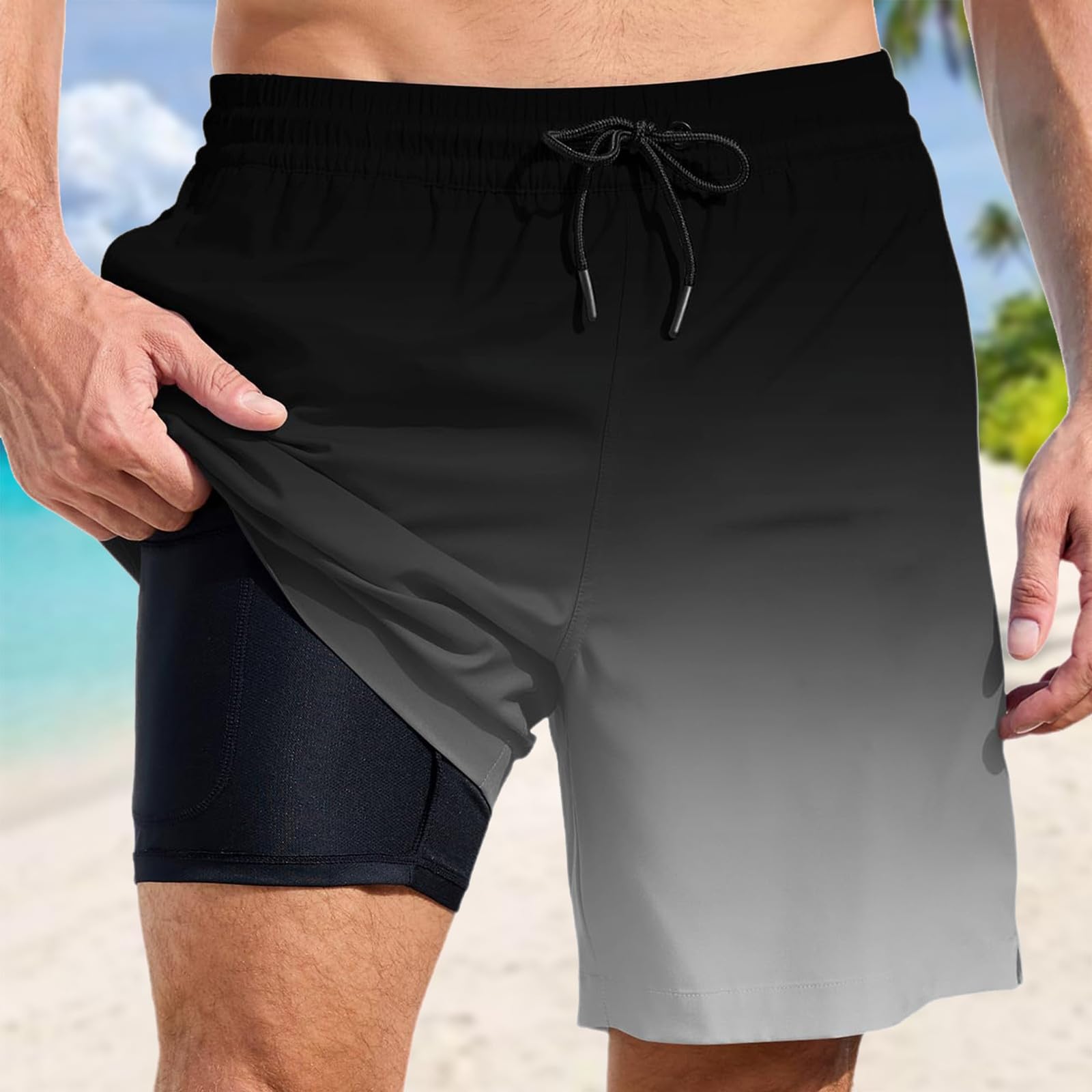Générique Homme Short de Bain,Cordon Serrage Réglable Boxer Bain 2 en 1 à Séchage Rapide Long Slip Garcon Maillot Dos Nageur pour la Plage l'été Piscine