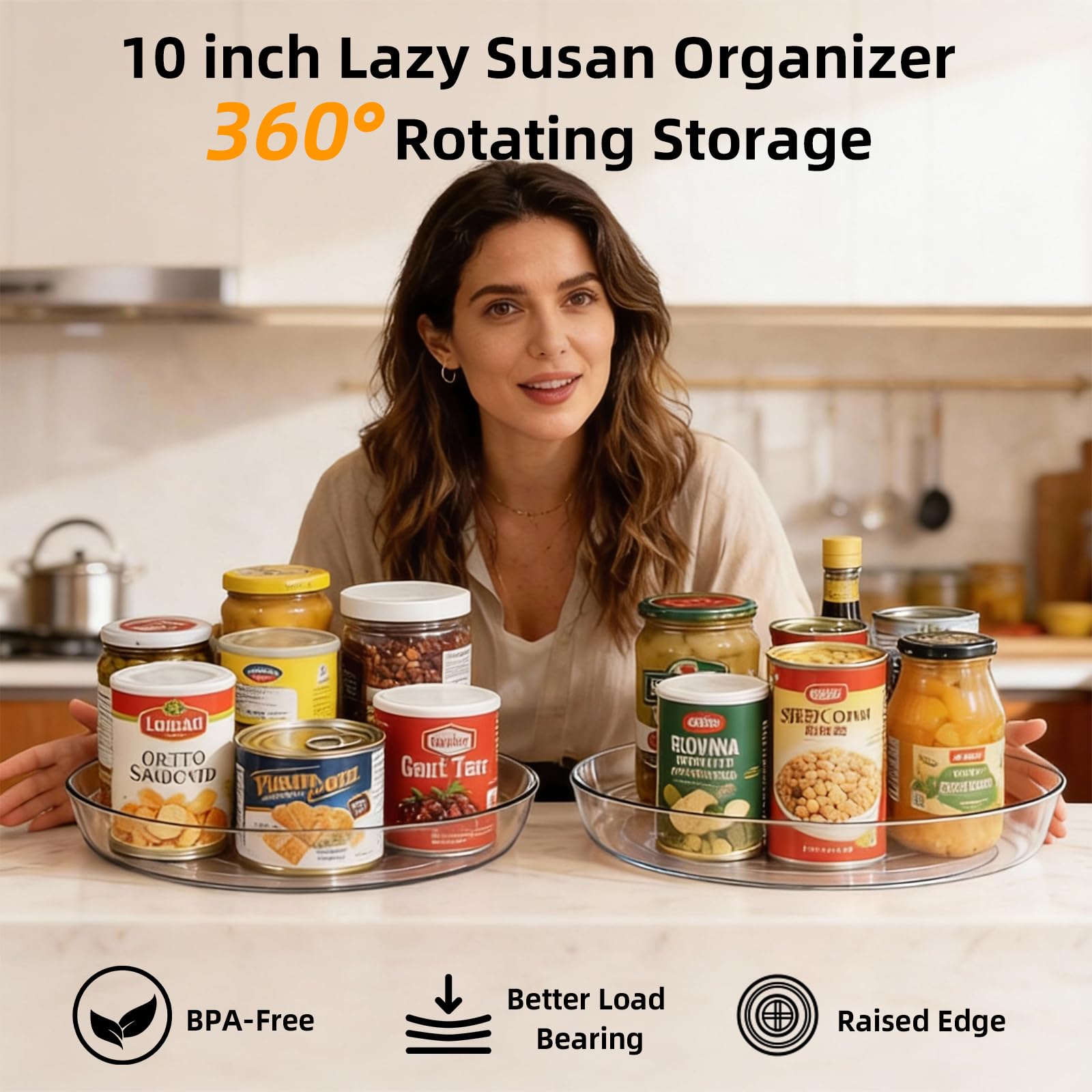 Lazy Susan Drehteller für Gewürzorganisation, transparenter BPA-freier Kunststoff, drehbarer Organizer für Küchenschrank, Speisekammer, Arbeitsplatte, Kühlschrank, 360 Grad drehbare Basis