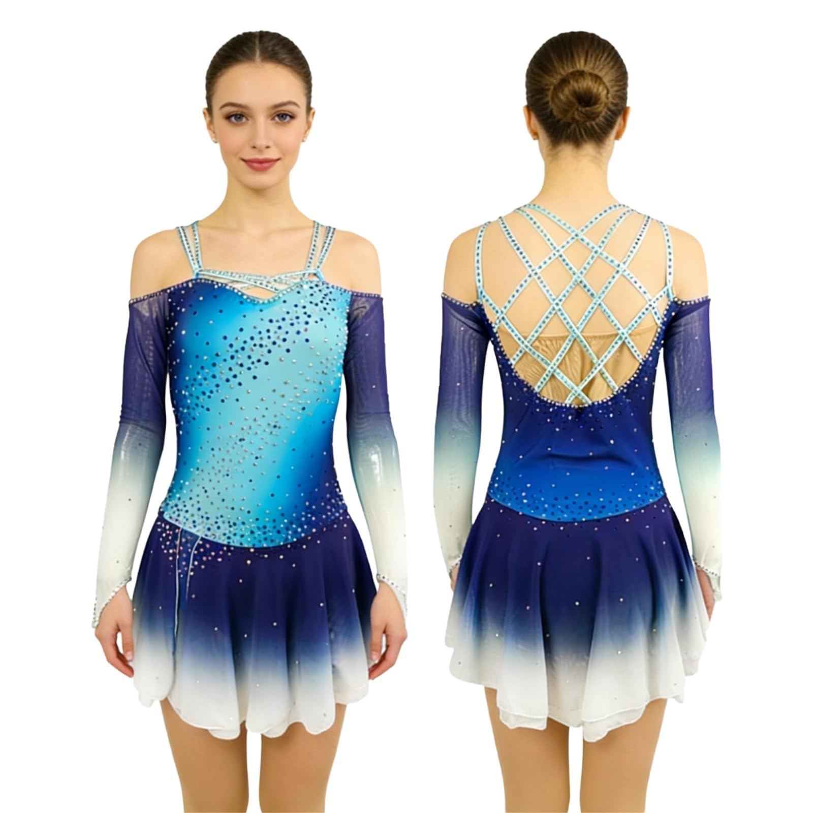 Abito Da Pattinaggio Artistico Abbigliamento Da Ballo Manica Lunga Strass Ragazza Donna Abbigliamento Da Competizione Fatto A Mano