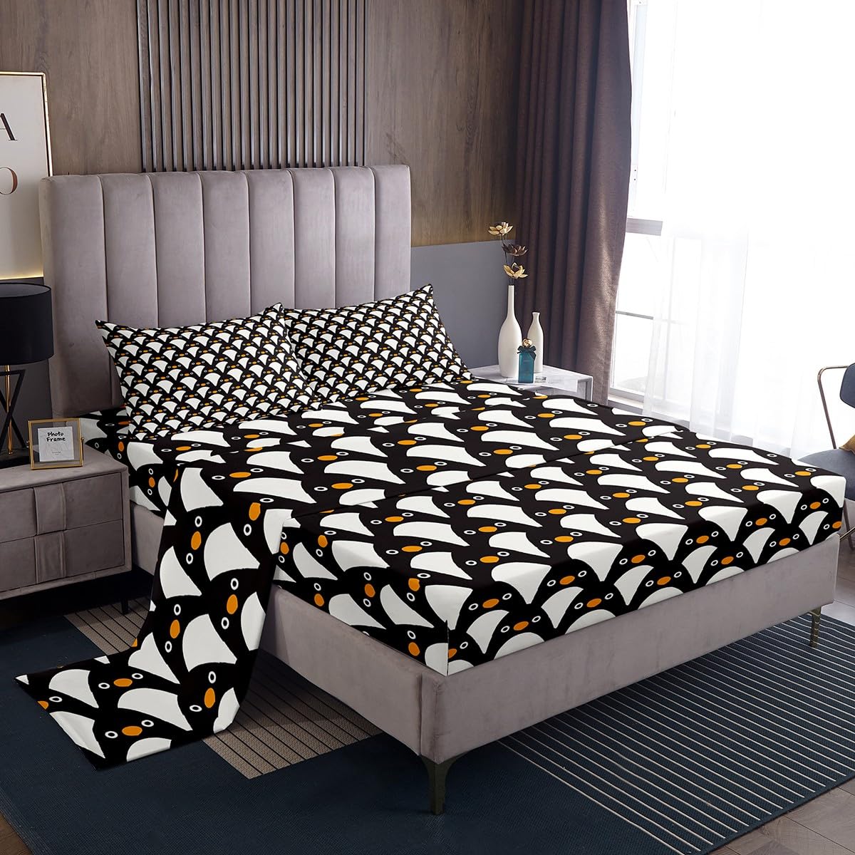 Parure de lit dessin animé pingouin avec drap-housse poche profonde ajustable