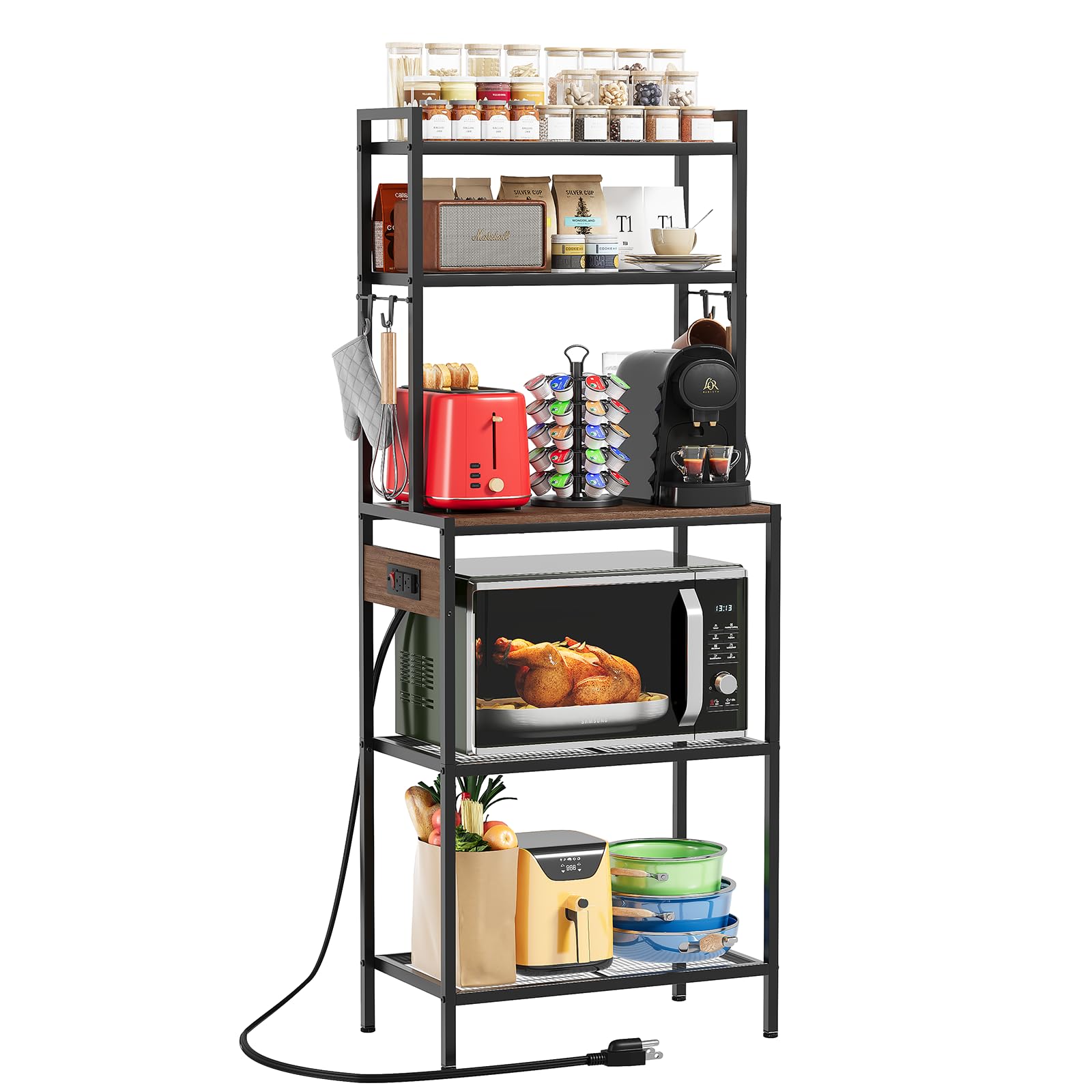 S1 Kitchen Bakers Rack with Power Outlet, Microwave Stand with Storage 5-Tiers, Freestanding Coffee Bar Table with 4 Hooks, Kitchen Storage Shelf 13" D x 22.9" W x 58.3" H, Rustic Brown