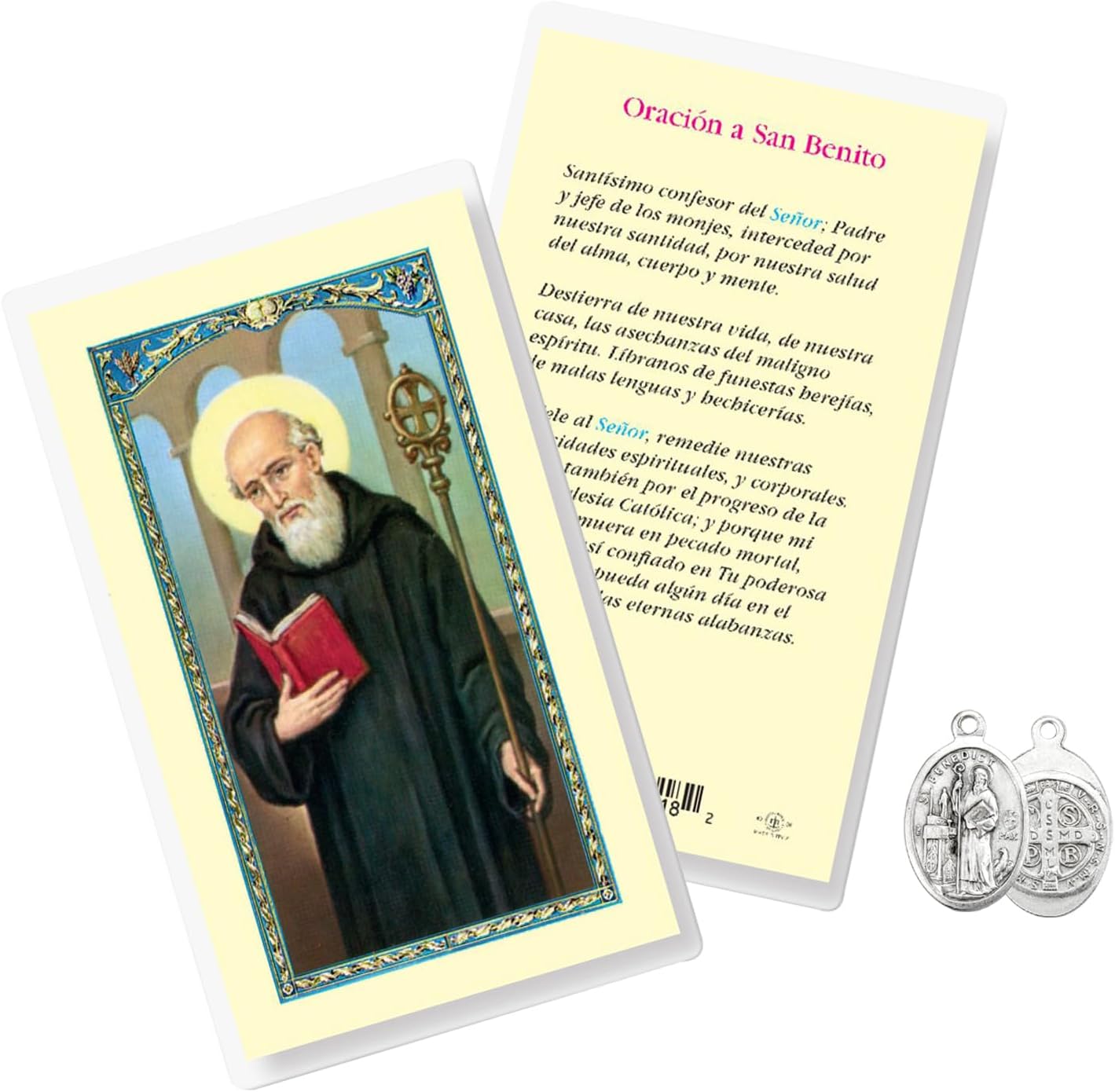 Medalla De San Benito - Oracion De San Benito - 1 Inch Made in Italy Saint Benedict Medal, Spanish Laminated St Benedict Prayer Card - St Benedict of Nursia Catholic Medal and Holy Card Set - 2 Items