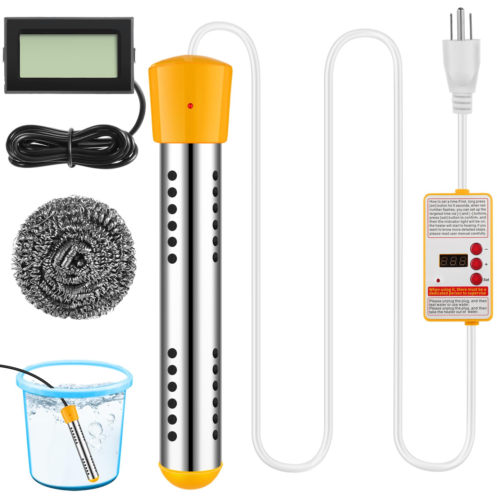 VIHOSE 2000w Immersion Water Heater Portable Water Heater LCD Thermometer Submersible Pool Heater Electric for Shower with 304 Stainless Steel Cover(Yellow)
