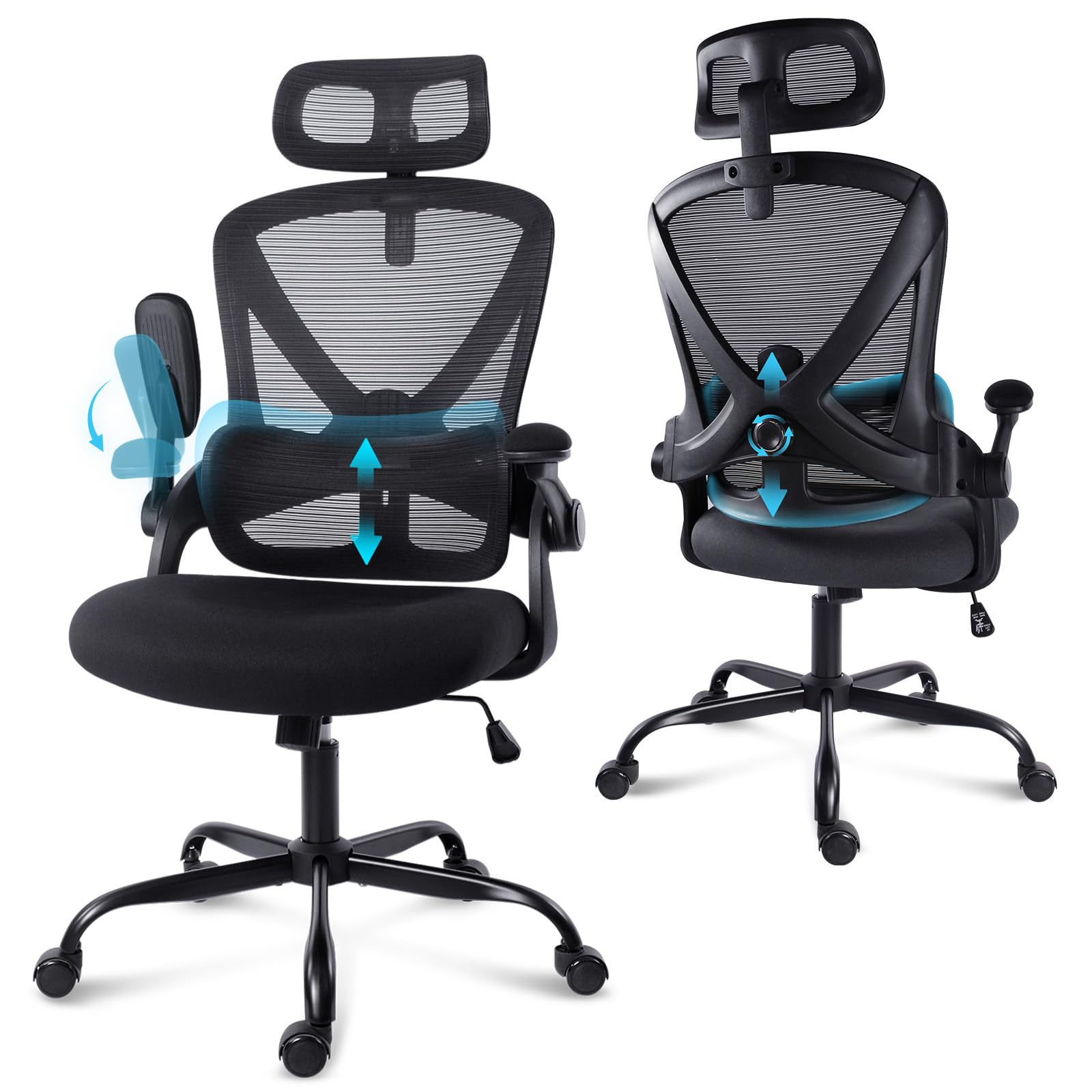 GGCIR Ergonomic Office Chair, Thick-Padded Flip-Up Armrests Chairs, Desk Chair with Adjustable Lumbar Support for Home Office, Gaming, Study, Long Hours Sitting(Black)