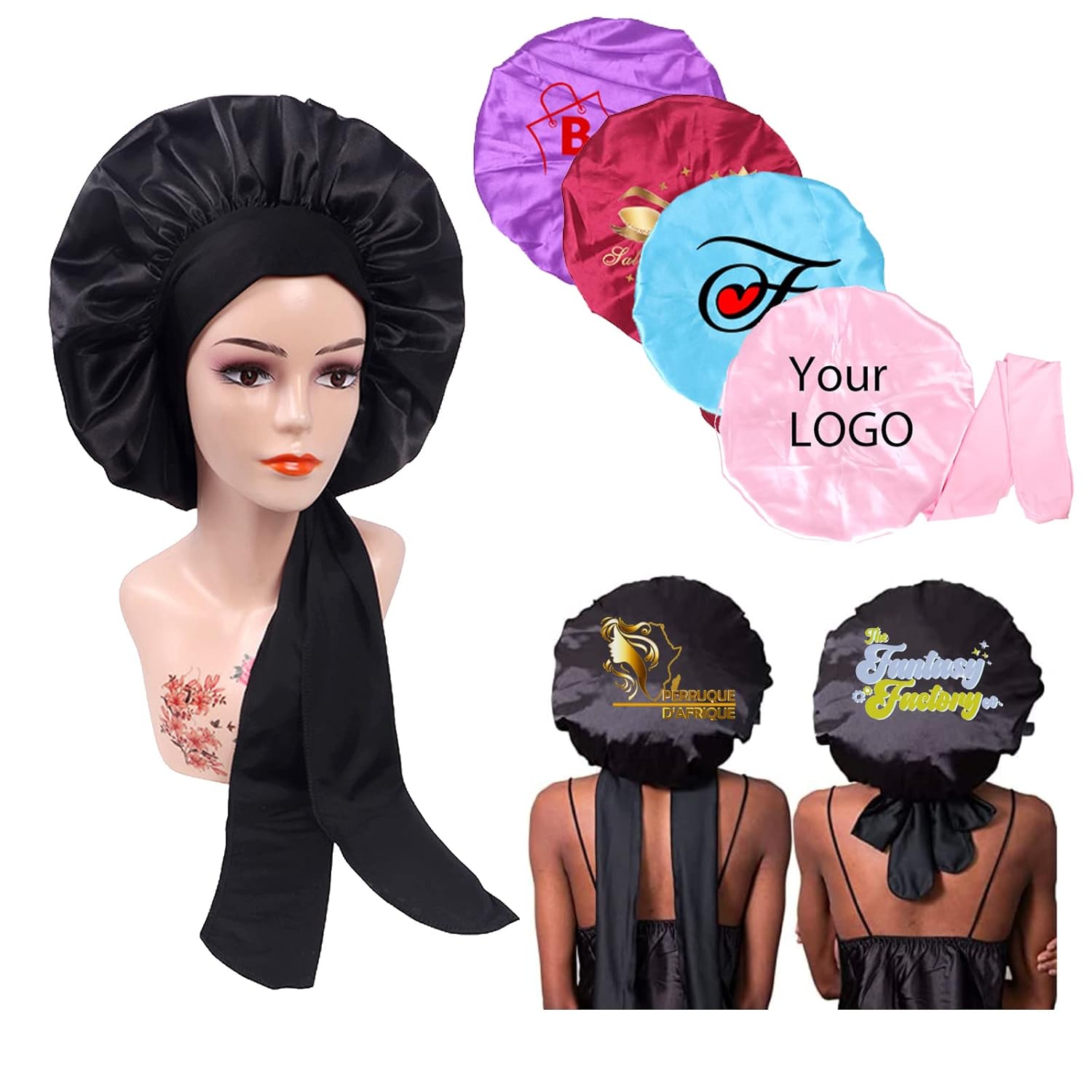 Custom Logo Satin Bonnet Hair Care Bonnet for Sleeping,10-20 PCS Silk Bonnet Hair Wrap Cap with Ribbon Tie Band for Women Curly Hair Braids (Pack of 20, Purple)