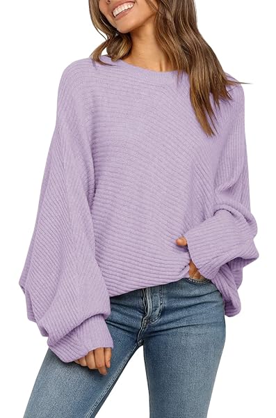 Mafulus Women's Oversized Crewneck Sweater Batwing Puff Long Sleeve Cable Slouchy Pullover Jumper Tops