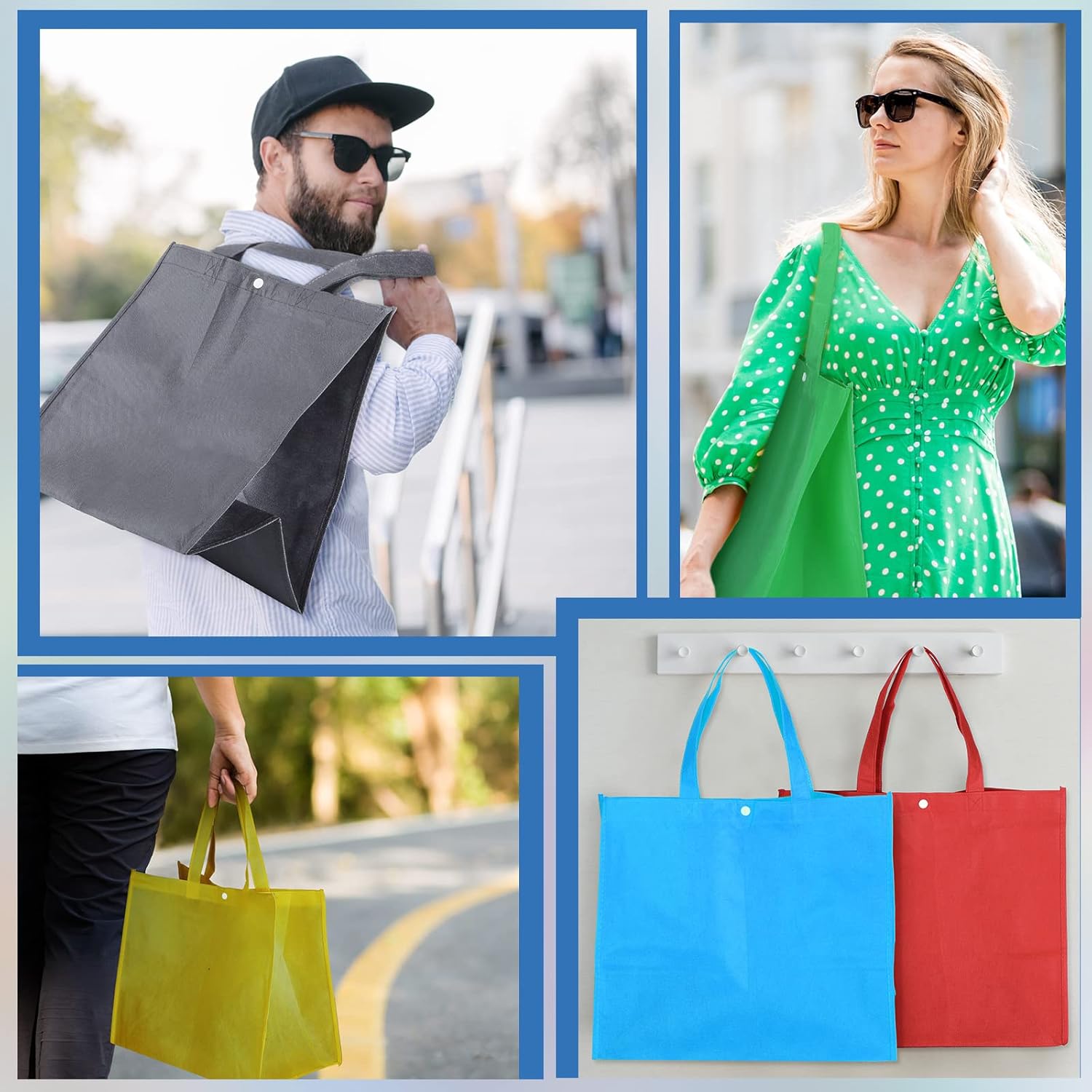 Zhehao 60 Pcs Reusable Grocery Bags Bulk Large Foldable Shopping Tote Bags Non Woven with Handle and Plastic Button(Multicolor) - Image 6