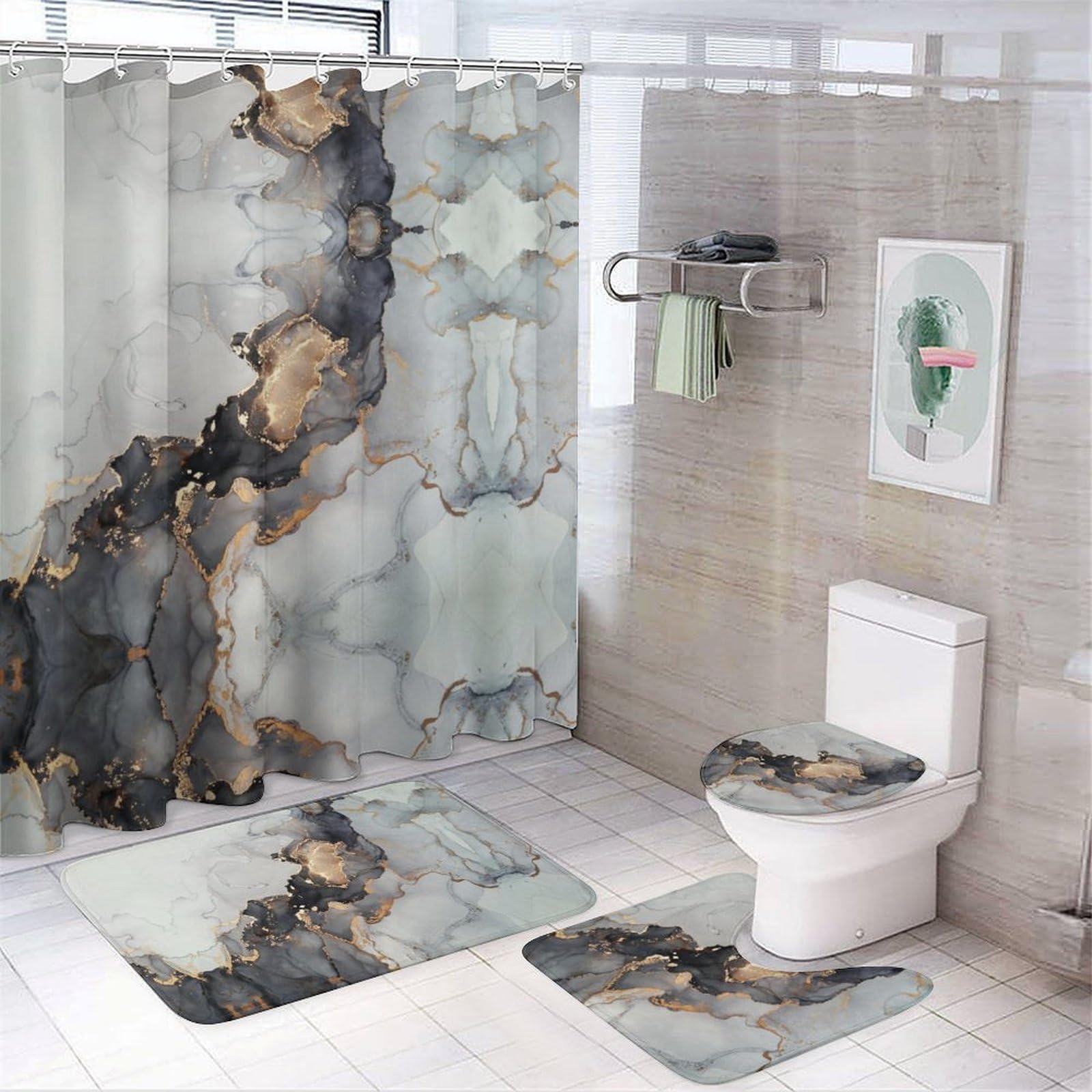JZemdybill Bathroom Mat Set 4 Piece, Black Gold Marble Shower Curtain with Non-Slip Bath Mats for Bathroom