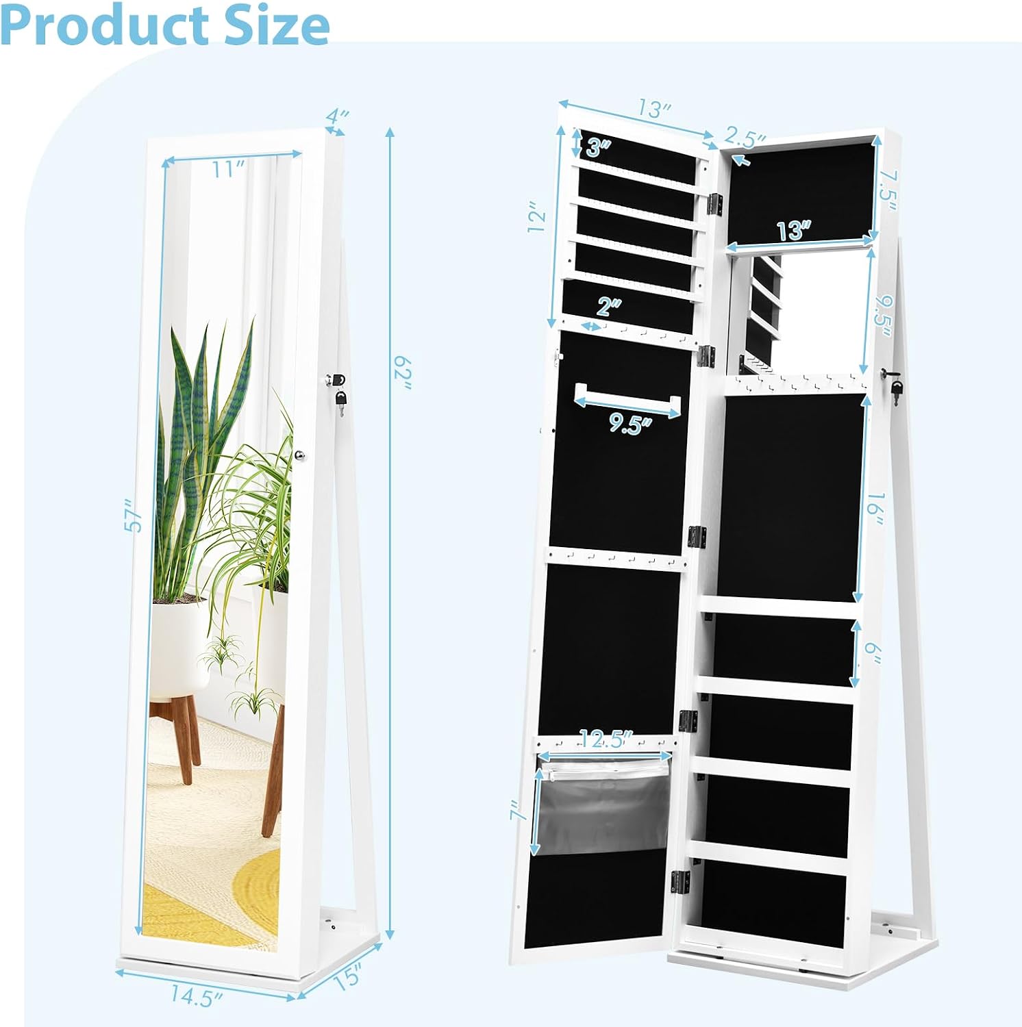 GOFLAME Jewelry Cabinet with Full-length Mirror, Jewelry Storage Organizer with Makeup Mirror, Back Storage Shelf, Lockable Jewelry Cabinet Armoire for Bedroom, Living Room (White)