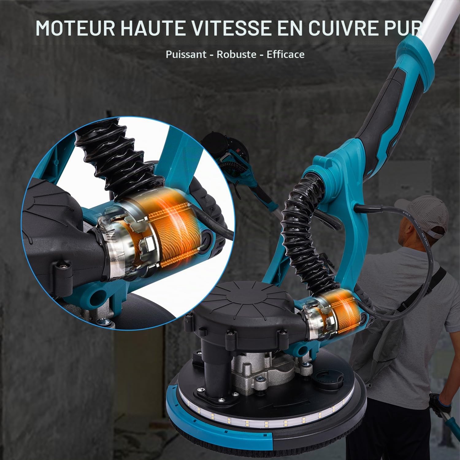 KATSU Tools Ponceuse Électrique pour Cloisons Sèches 800W avec Poignée Télescopique Pliable, Aspiration Automatique de la Poussière, Lumière LED, Vitesse Variable, dans un Étui