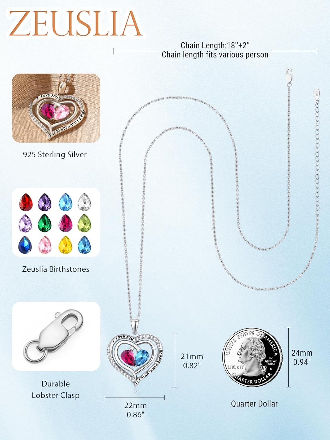 Valentine's Day Gifts for Wife 925 Sterling Silver Double Birthstone Pendant Necklaces I Love You for Always and Forever Necklace Anniversary Birthday Gifts for Wife Girlfriend Mom Her