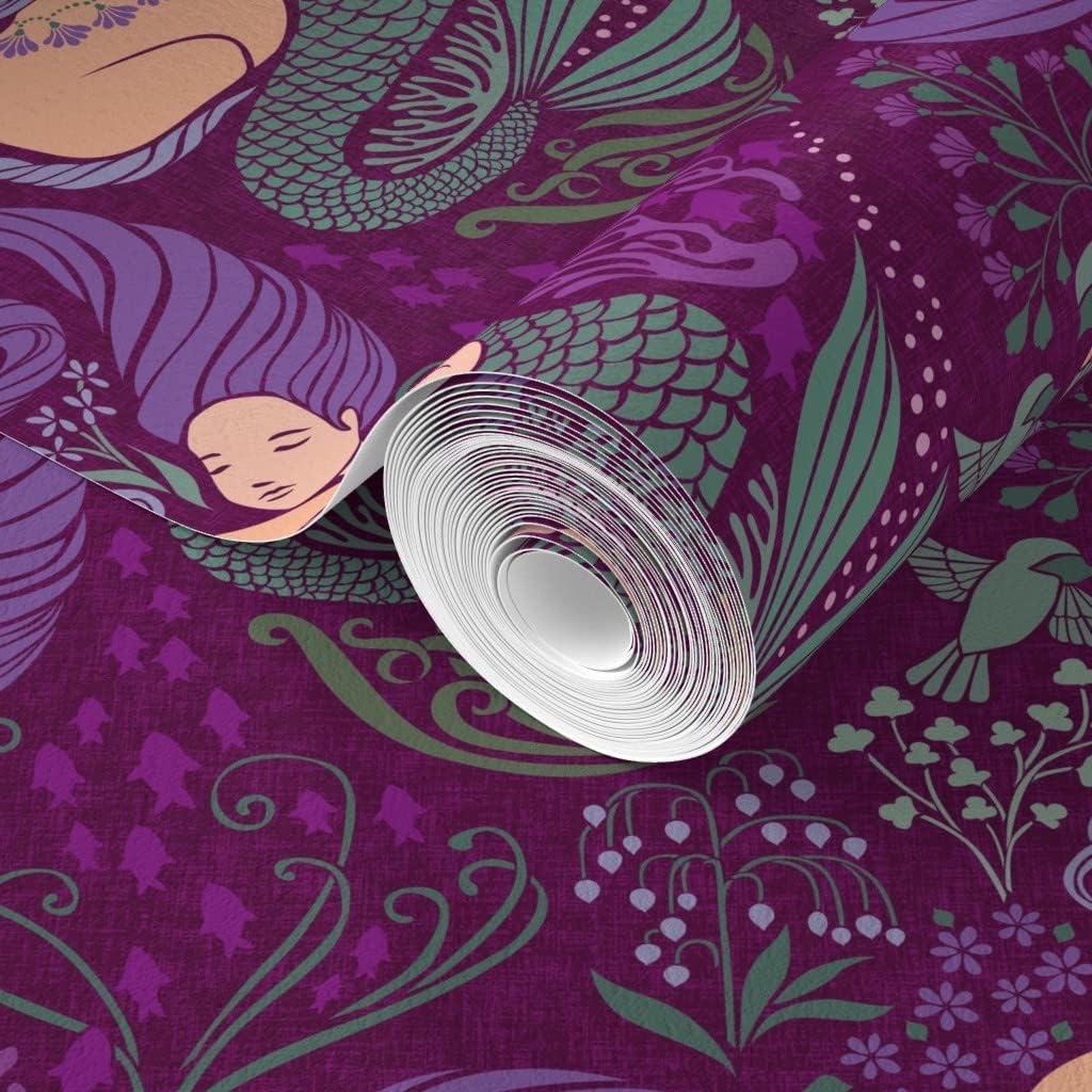 Spoonflower Commercial Grade Wallpaper 27ft x 2ft - Mermaid Unicorn Mythical Purple Storytelling Magical Baby Girl Fantasy Traditional Wallpaper