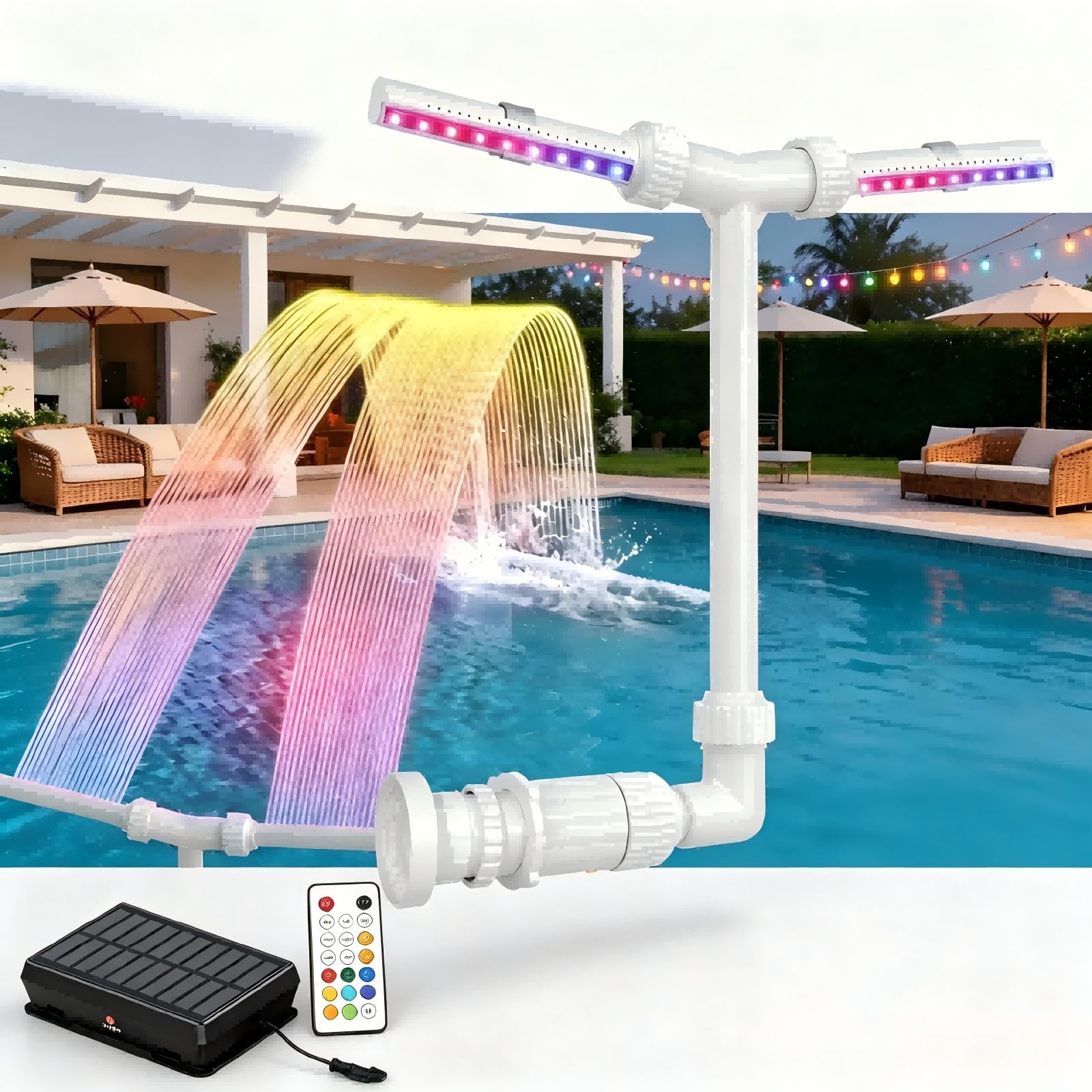 Fuente Solar LED para Piscinas – Doble Chorro 360° Ajustable, RGBIC, Carga Solar+USB, Mando+App, para Piscinas Sobresuelo y Enterradas