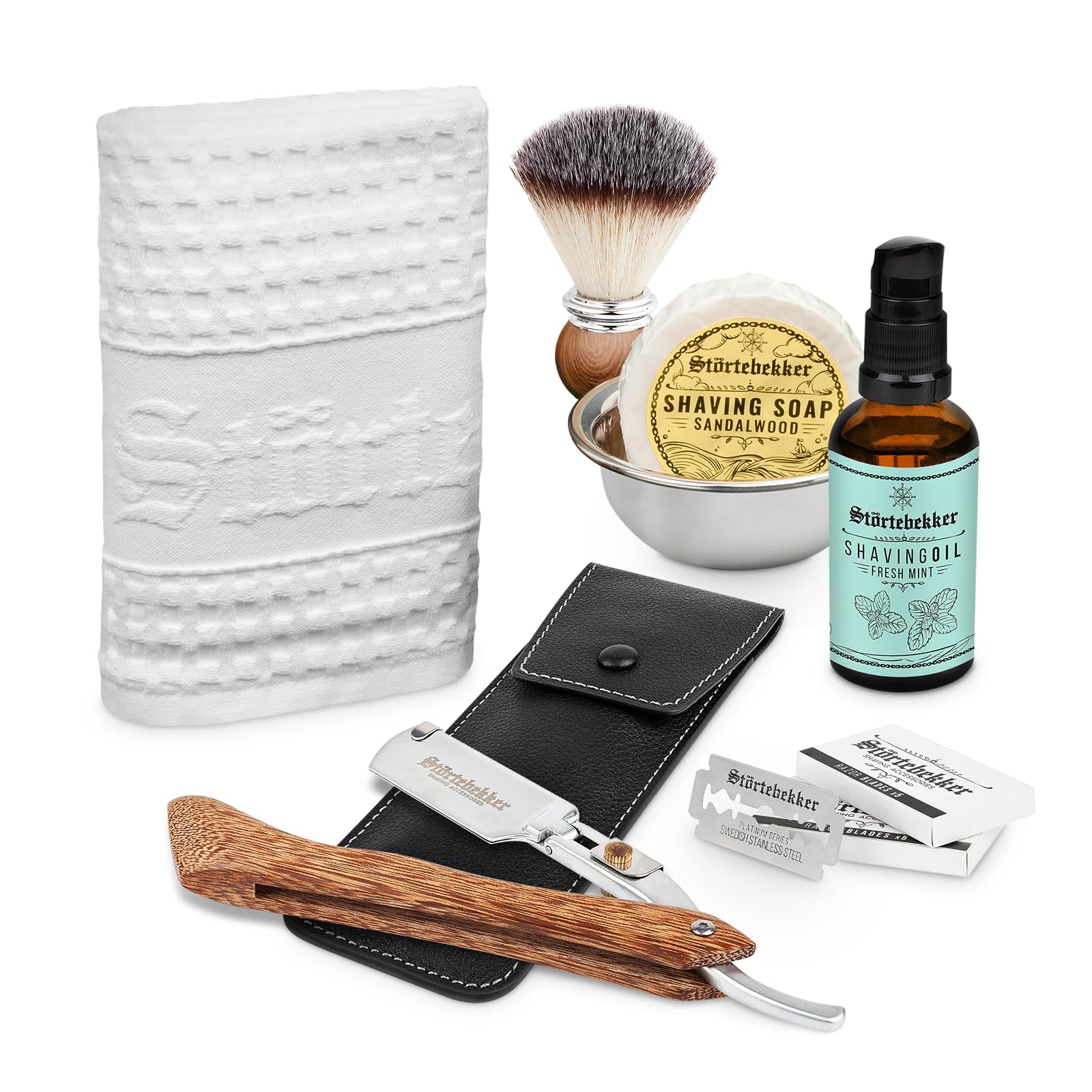 Störtebekker® Premium Rasurpflege Set - inkl. Rasiermesser, Etui, Rasierpinsel, Rasierseife, Rasierschale, Rasieröl und Rasiertuch - perfektes Rasierset für die tägliche Rasur - Geschenkidee