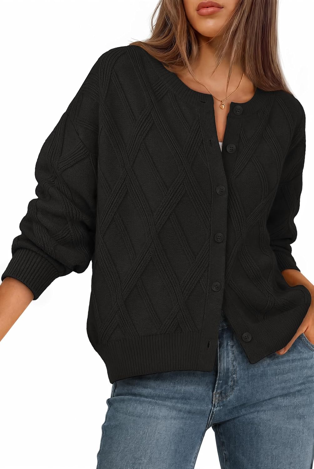 MEROKEETY Cardigan Sweaters for Women Trendy Fall Button Cable Knit Sweater