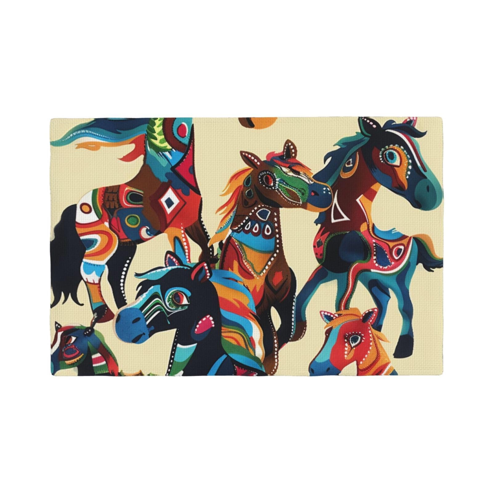 colorful cartoon Horse Print Placemats Set, Heat Resistant Washable Placemat 12x18in Table Mats for Party Kitchen Dining Table Decoration Indoor Outdoor, Six Piece