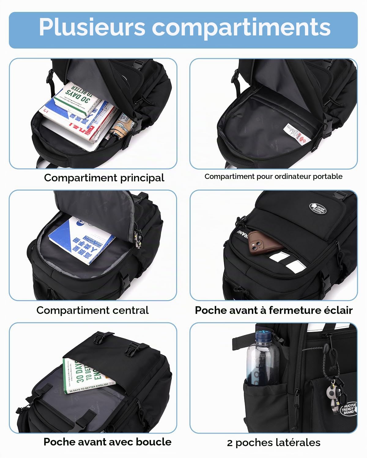 Tanou Sac Dos Roulettes pour Garçons, 28L Cartable Roulette Garcon pour Adolescents, Sac d'école College Noir Trolley Détachable avec Porte-monnaie, 6 Roues