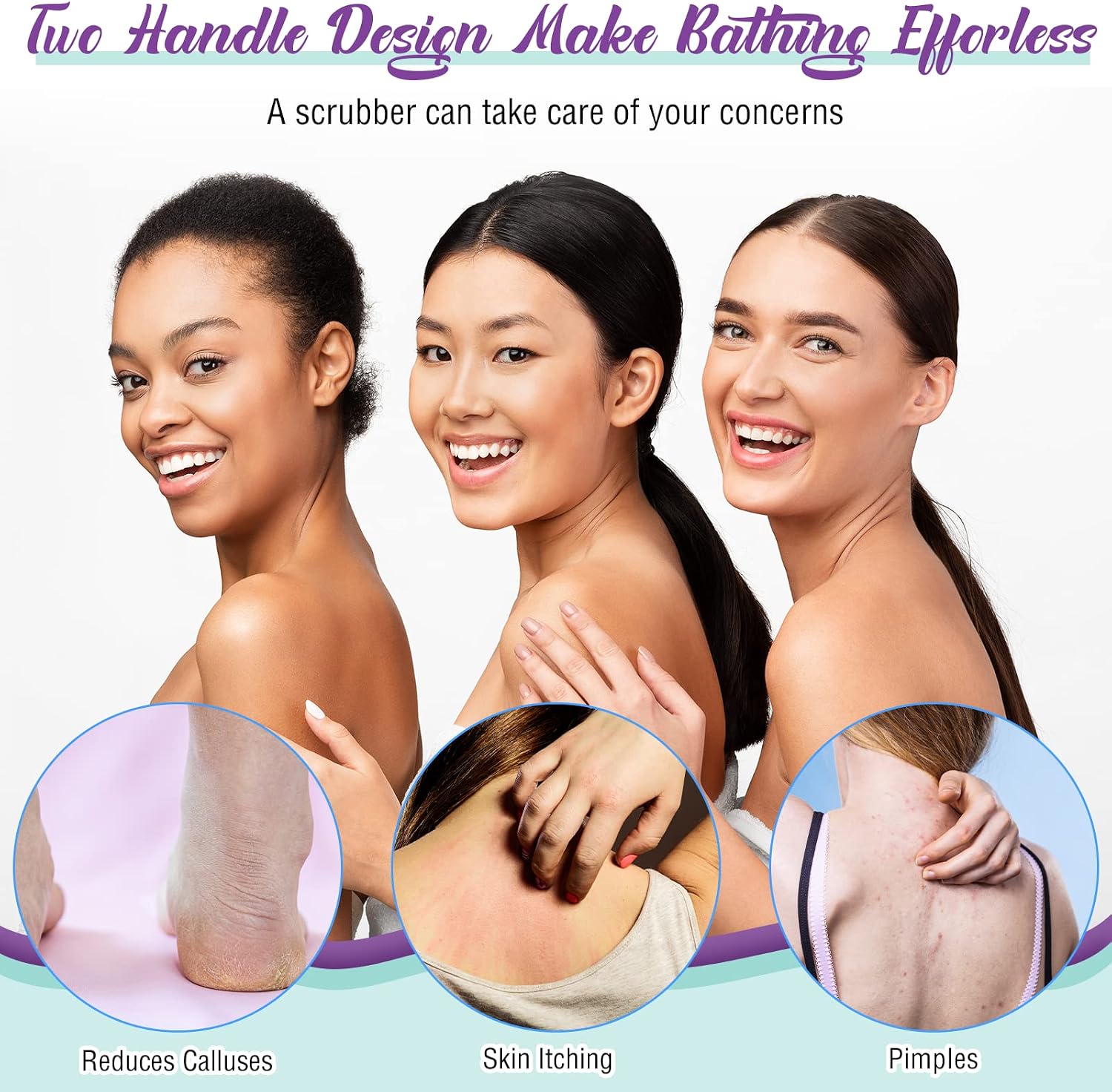 2 Pcs Exfoliating Shower Back Scrubber with Handles for Women, Purple,Mint