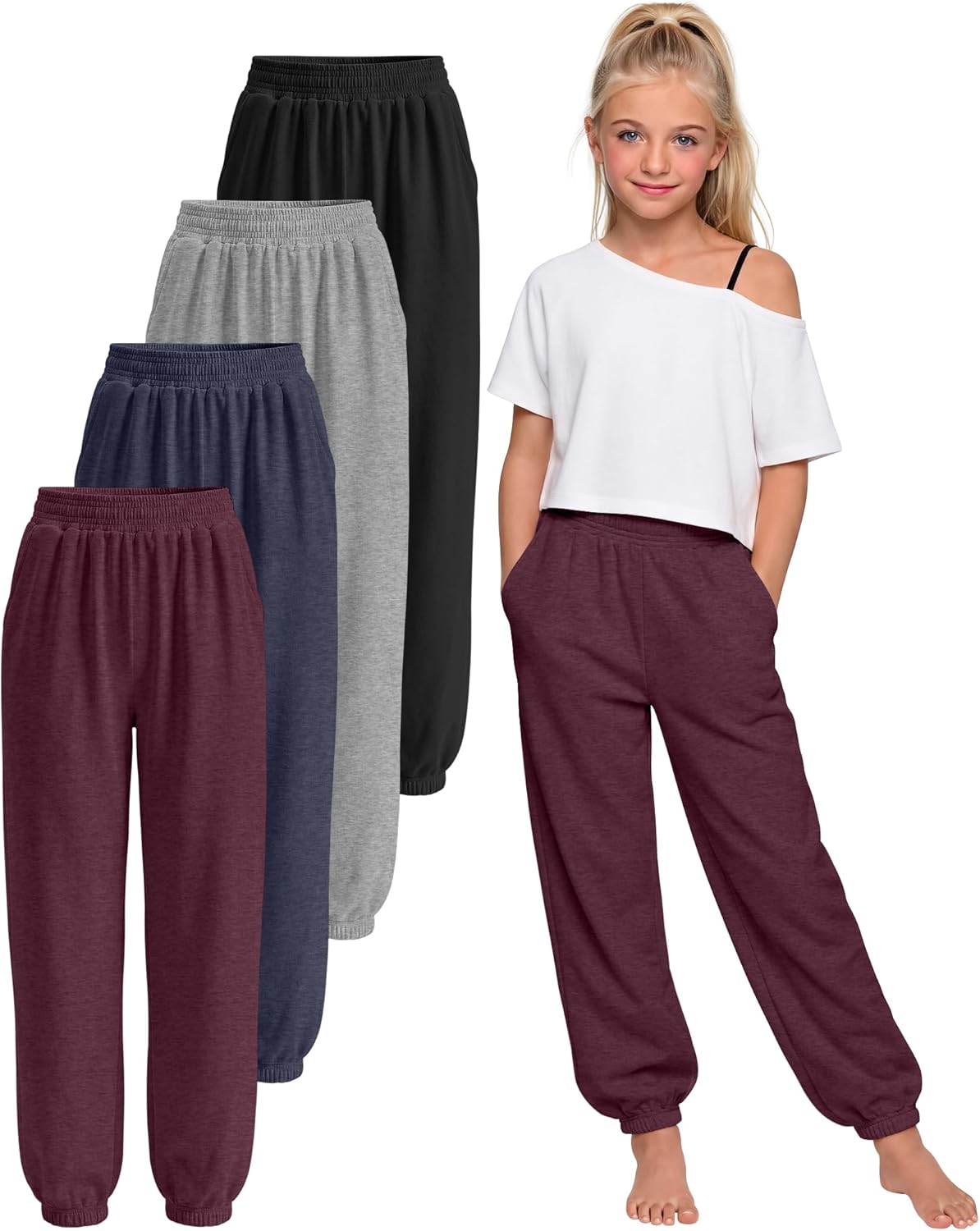 4 Pack Girls Jogger Pants Lightweight Sweatpants Casual Yoga Elastic Waist with Pocket Kids Teen 5-14y(Black, Light Gray, Midnight Blue, Wine,11-12y)