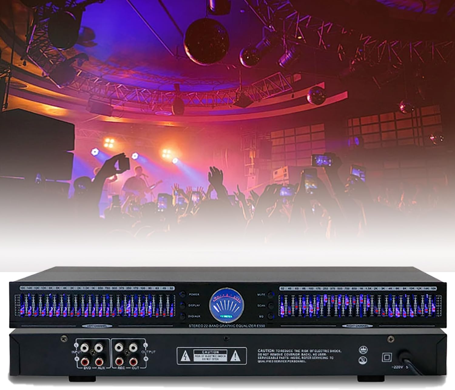 22-Band Audio Equalizer, Tereo Graphic Digital Equalizer HiFi Separates with 10 Preset Effects, Automatic Noise Reduction, Dual Channel 1U Rack Mount, for Recording Studio