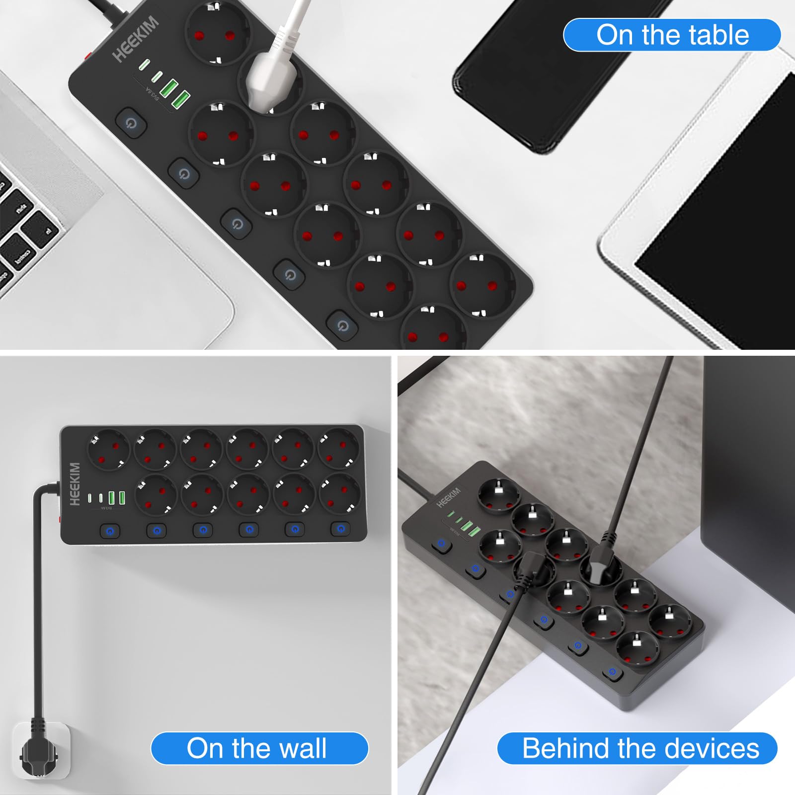 HEEKIM Multiprise, Multiprise Murale Commutable Individuellement 11 Prises avec 2 USB-A et 2 USB-C, 4000W/16A (Noir, 2M)