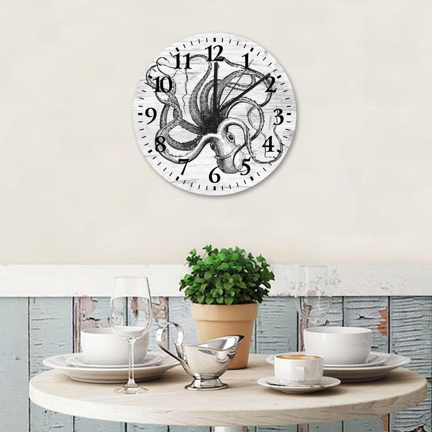 Clock Ocean Animal Octopus Kitchen Wall Clock Non Ticking Arabic Numbers Seashells Sea Themed Round Clock for Dining Room Decor 15 Inch