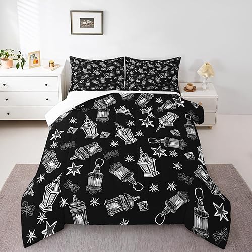 Manfei Juego de edredón negro a la moda, tamaño Queen, velas con estampado de mariposas y 2 fundas de almohada, juego de ropa de cama blanco y negro