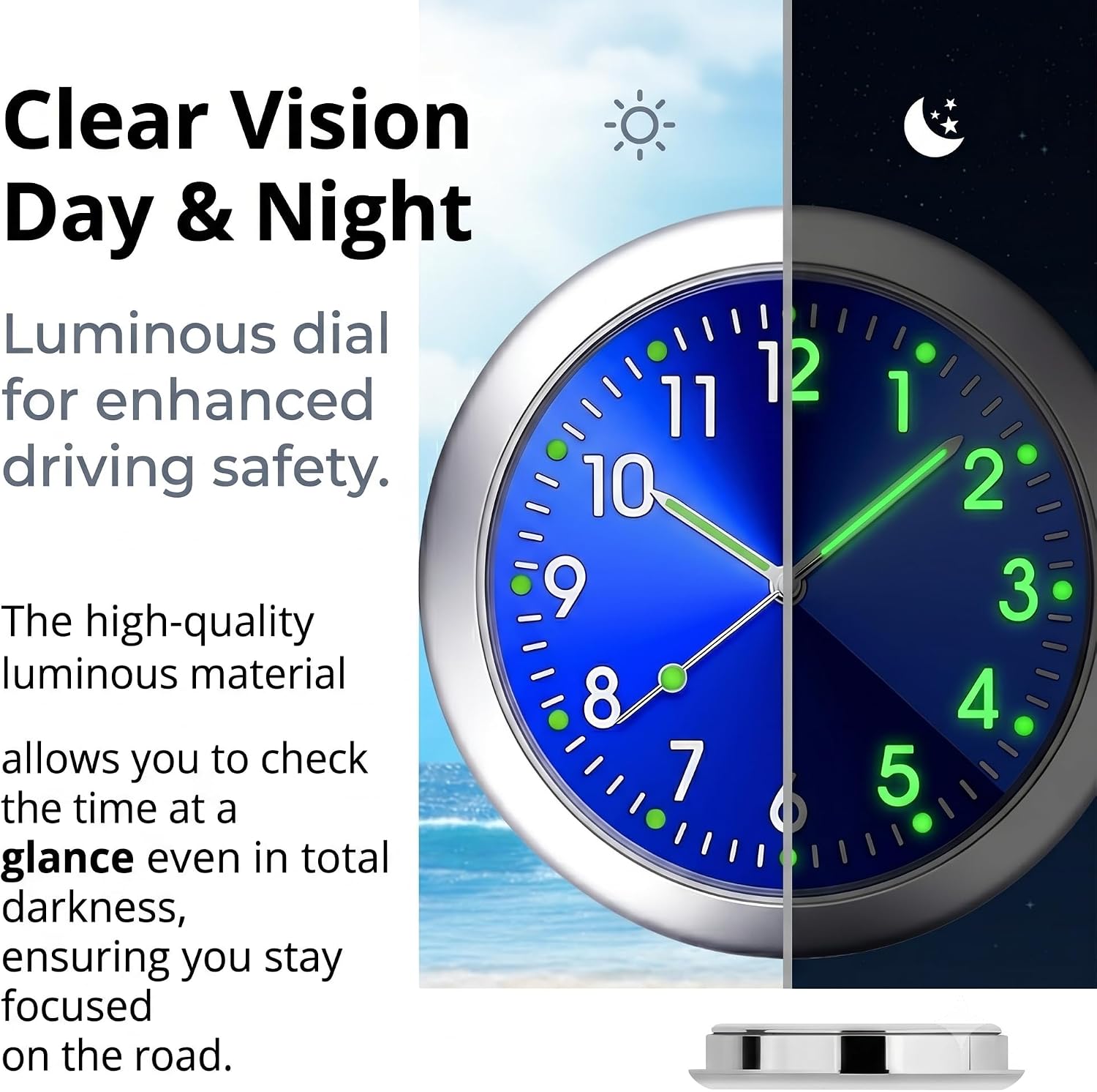 2 PCS Stick on Dashboard Car Clock, Luminous Digital & Analog Quartz Alloy Clock, Mini Round Decorative Timepiece with Self-adhesive, Interior Accessory for Car Home Boat (Black & Blue) image 3