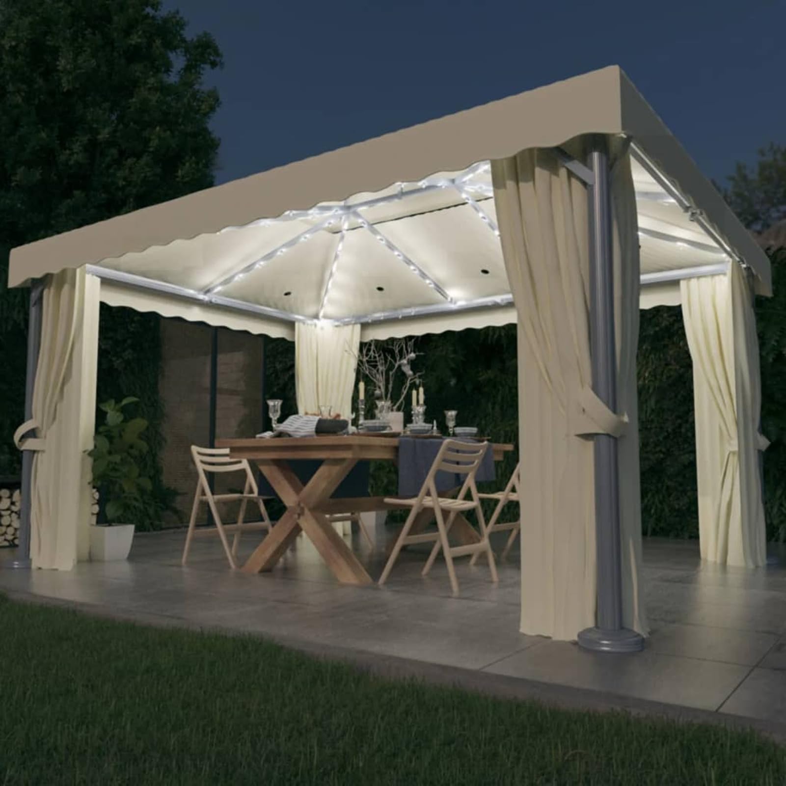 Gazebo con Tende e Stringa di Luci LED 4x3 m Bianco Crema,Gazebo,Impermeabile,Anti UV,Gazebo da Giardino,Gazebo Esterno-3070353