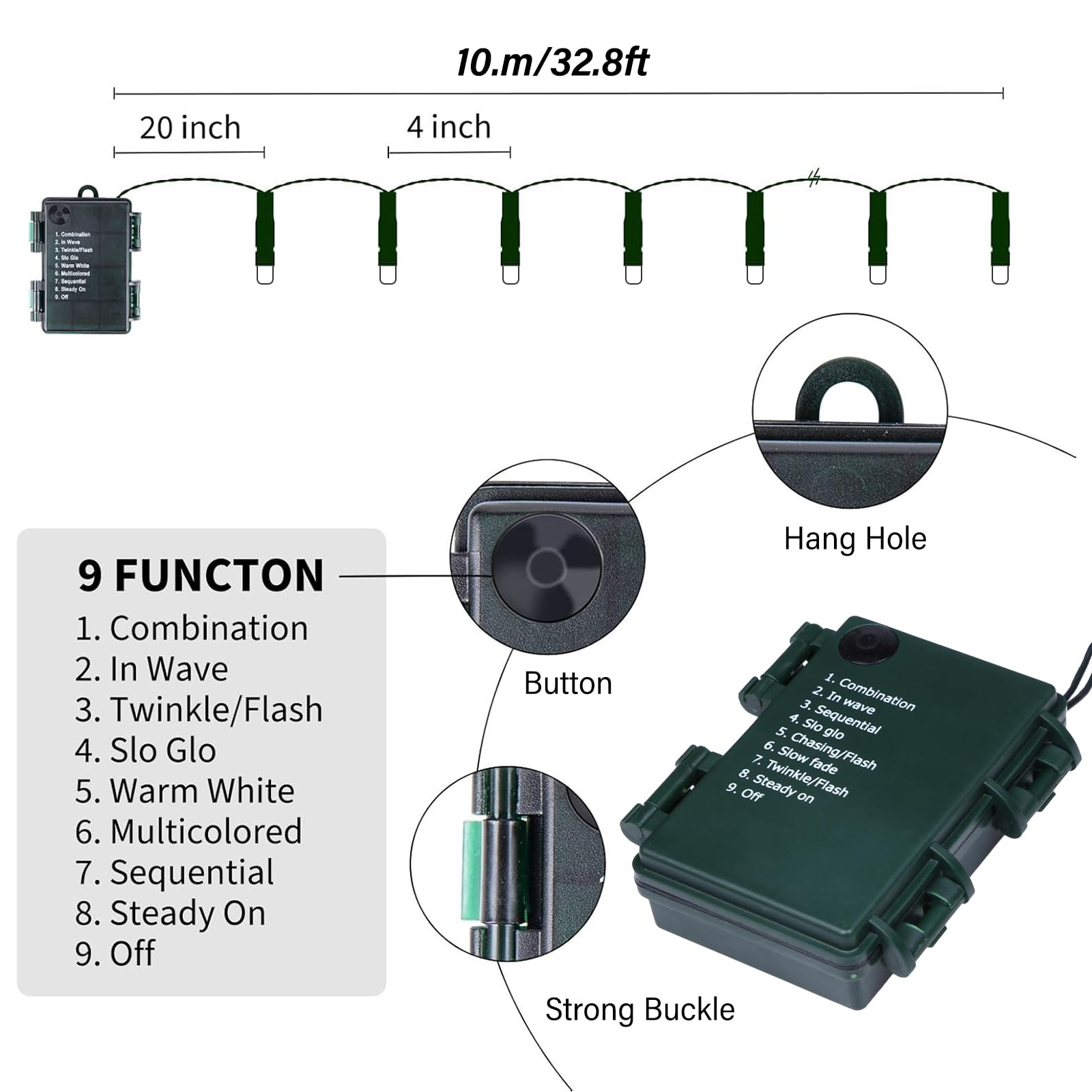 2 luci LED da 10 m, per esterni, catena di luci per albero di Natale, catena luminosa con timer a batteria, 100 LED, 8 modalità, IP67, catena luminosa per esterni e interni, ideali per Natale