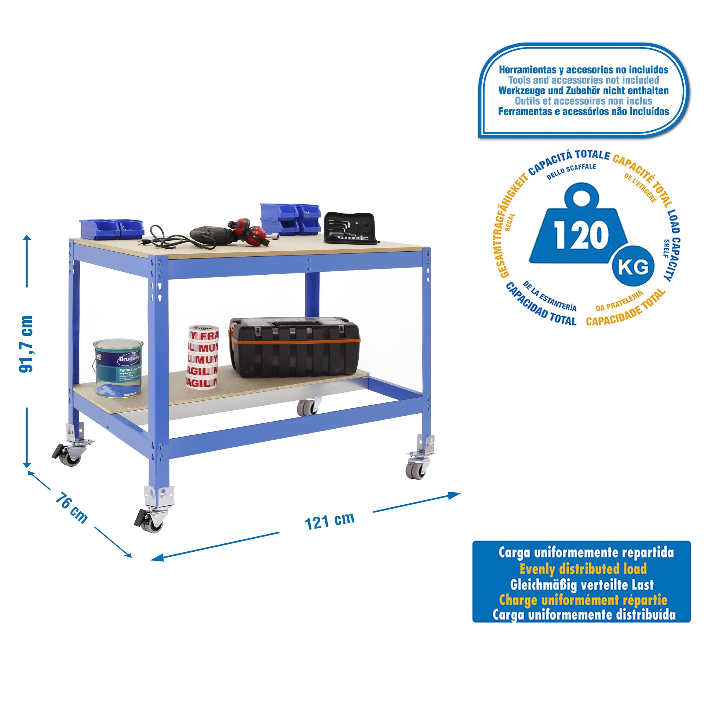 Simon Rack Mesa de Trabajo Taller con Ruedas 1210x760 mm - BT0 | Capacidad Carga 120 kg, Tablero madera 16 mm, Pintura anticorrosión, Azul , Montaje sistema clic