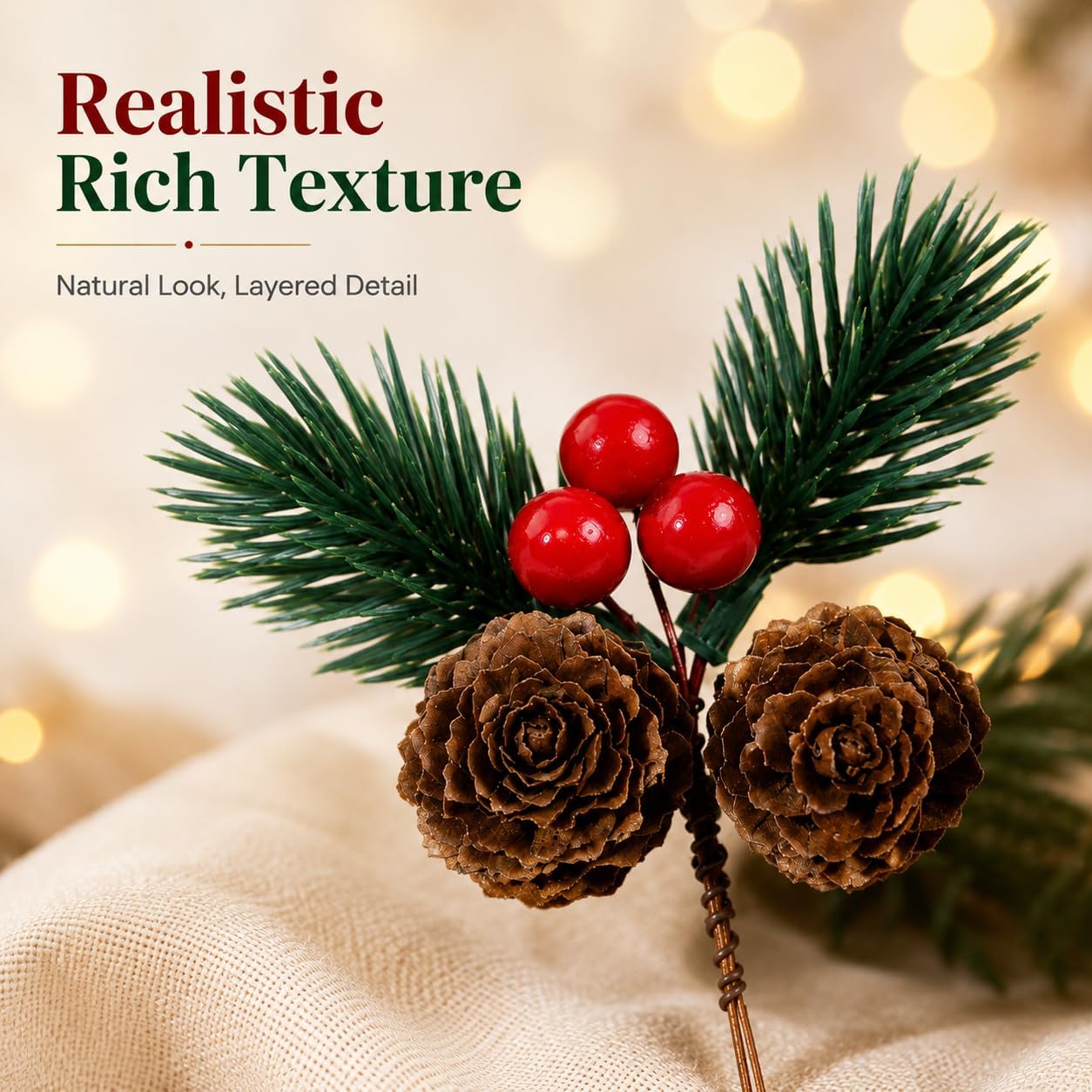 20PCS Pine Needles Picks with Red Berries, Mini Pinecones for Christmas