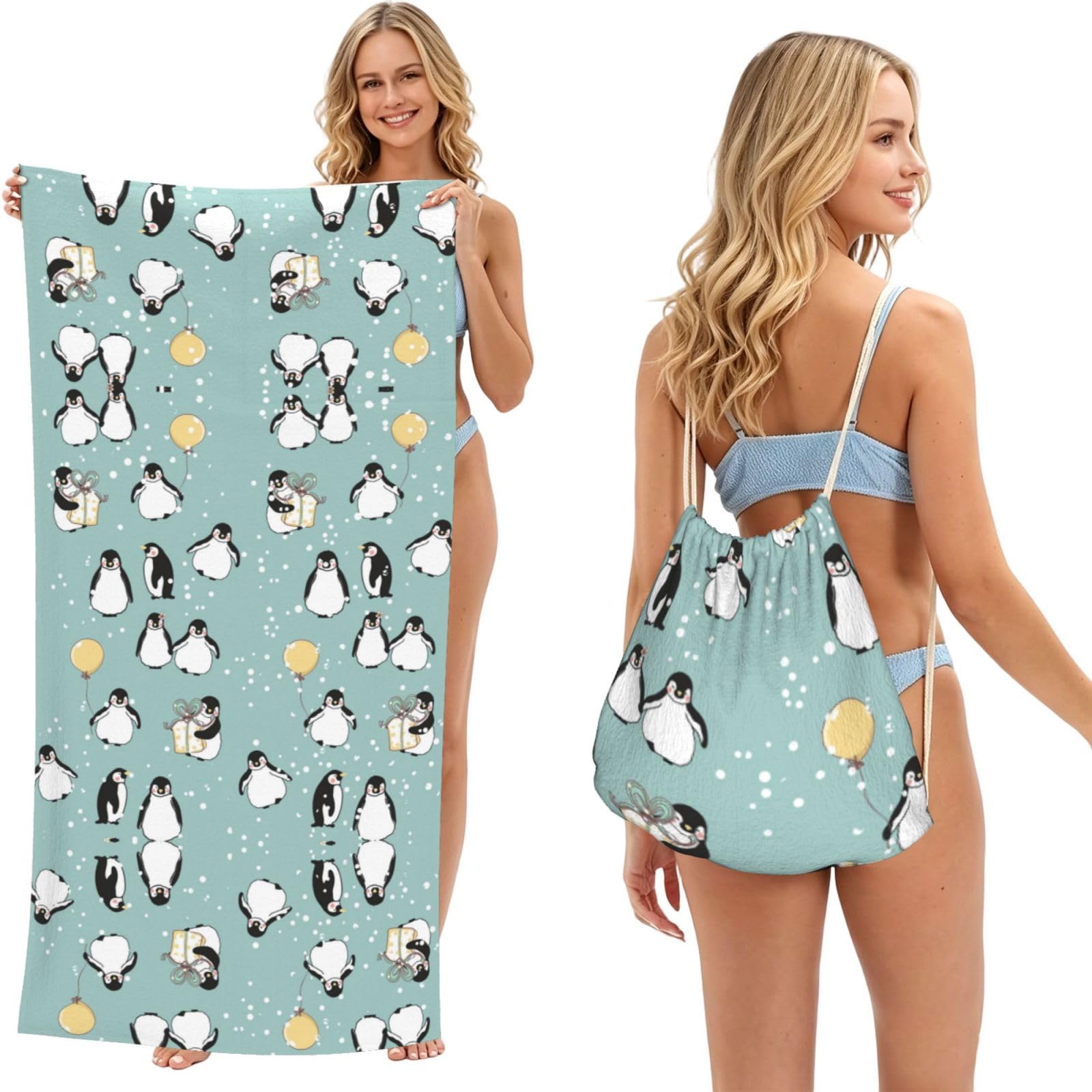 ESNAIUVCD Penguin Balloon Snowflake Print Beach Towel For Adults,Towel With Drawstring Bag, Travel Pool Swimming Sports Shower Sand Free Quick Dry Bath Towel For Pool, Beach, Yoga- 180x60cm
