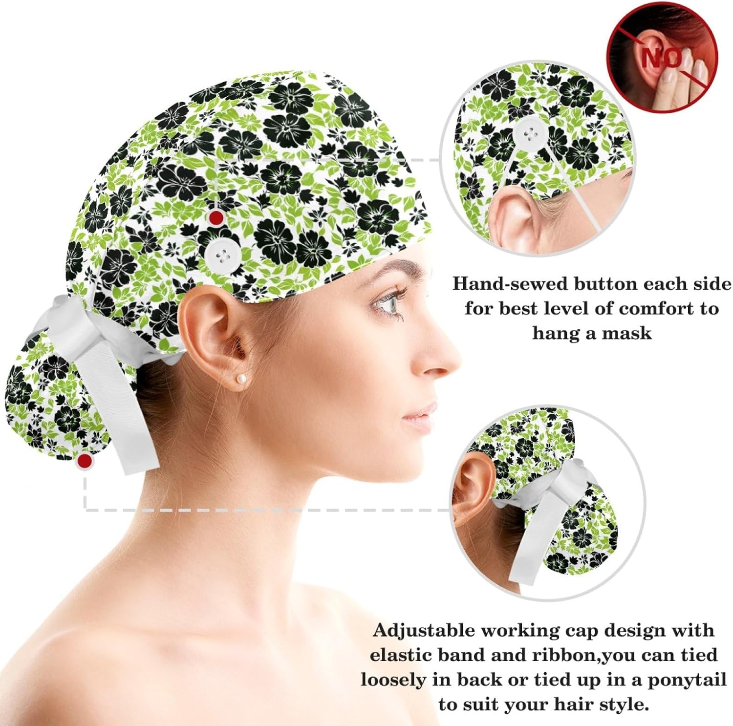 Scrub Cap with Ponytail and Buttons, Surgical Caps for Women with Long Hair