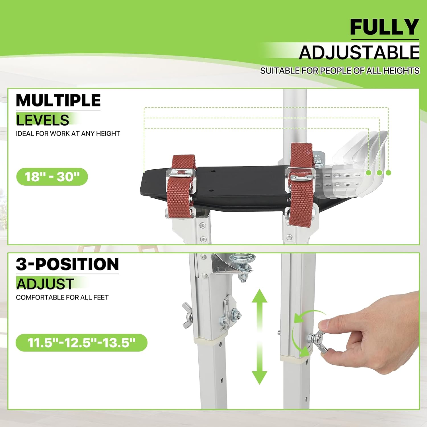 Magshion Aluminum Drywall Stilts 18"-30" Adjustable, Multi-Functional Stilts with Protective Knee Pads for Painting, Taping, and Cleaning, 225lbs Capacity (Sliver)