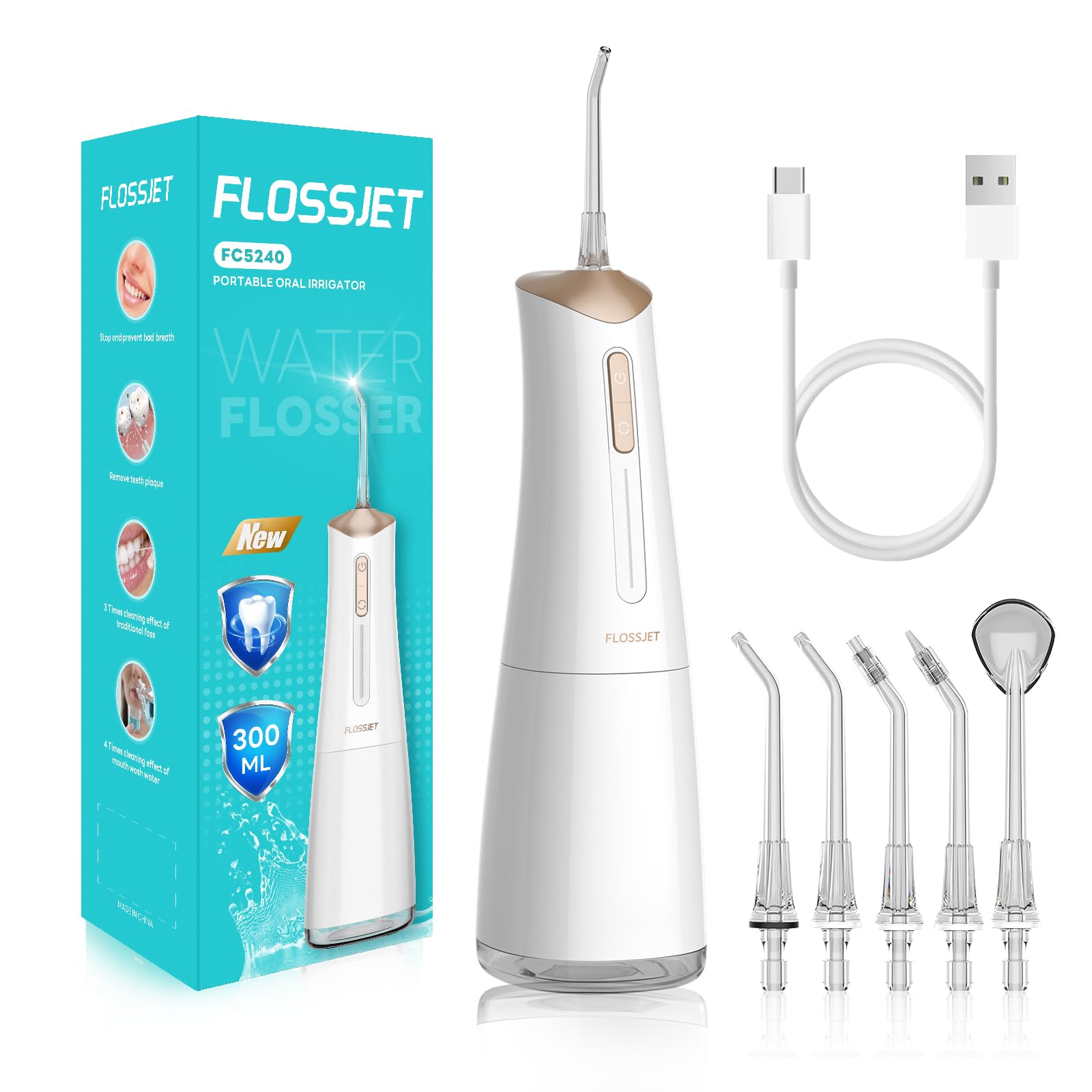 FlossJet Jet Dentaire Hydropulsuer Professionnel,Irrigateur Oral de 300ML,5 Buses 4 Modes USB Chargé Étanche IPX7,Jet Dentaire de Voyage,Hydropulseur Dentaire Sans Fil Portable Water Flosser(Blanc)