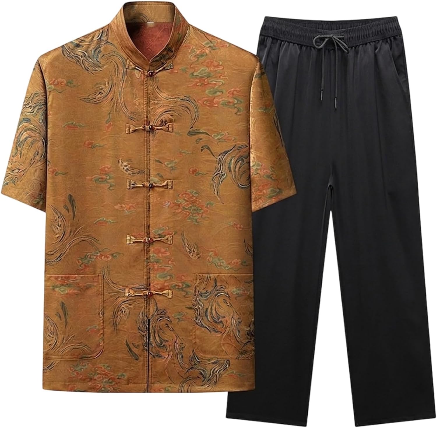 Men's Frog Button Set Short Sleeve Open Front Top and Ankle Pants Lightweight 2 Piece Outfit