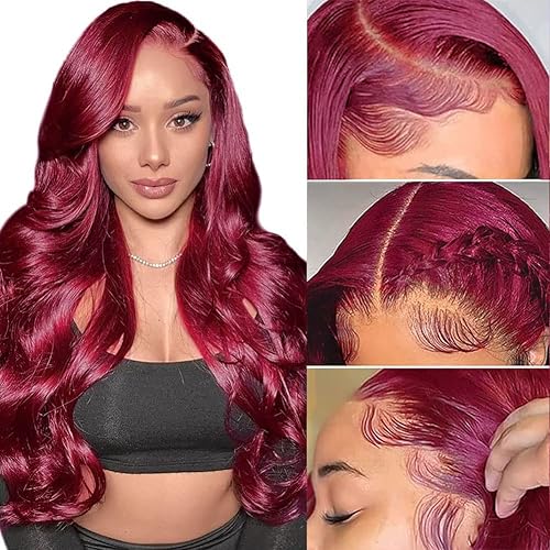 Miniatura 2 de Exalelr Pelucas de cabello humano con encaje frontal color borgoña 99J, pelucas de cabello humano con encaje frontal para mujeres negras, pelucas de