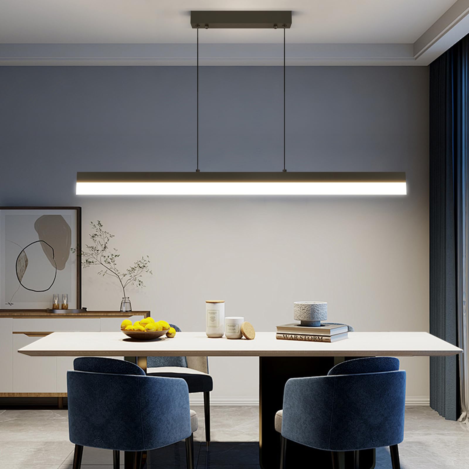 LED Linear Pendant Light, Dimmed Chandeliers for Dining Room with Remote Control, Modern Pool Table Island Lights Adjustable Ceiling Pendant Light for Kitchen, Living Room, Office, Black,31in