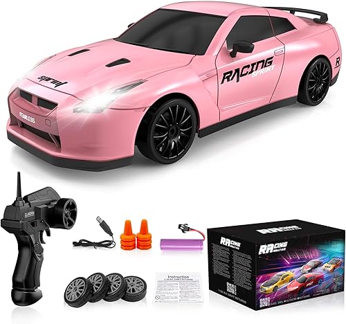 Coche de control remoto RC Drift Car 2.4GHz escala 124 4WD de alta velocidad RC Vehículo con luces LED, baterías y neumáticos a la deriva, autos de
