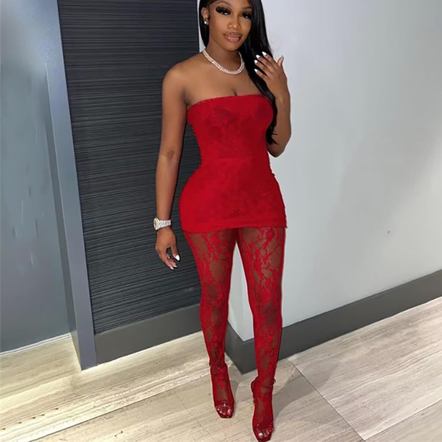 Women Sexy 2 Piece Outfits Clubwear Lace Mesh Tube Mini Dress Top with Stockings Legging Set Birthday Outfits - Image 3