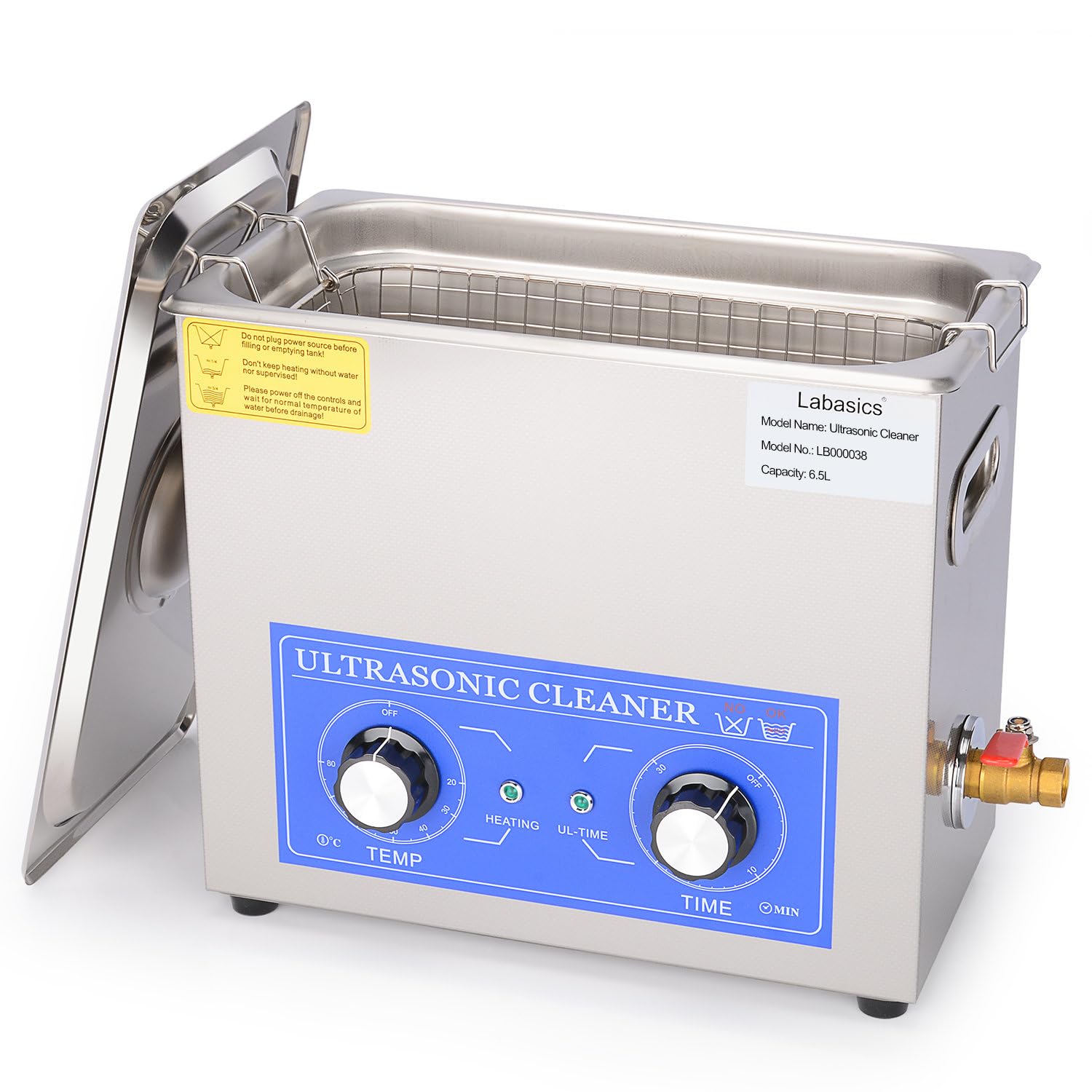 Labasics Myjka ultradźwiękowa 6,5 L ze stali nierdzewnej 304, profesjonalny cyfrowy oczyszczacz do laboratorium, z ogrzewaniem i timerem, panel mechaniczny, 40 kHz, 220V, do czyszczenia narzędzi i