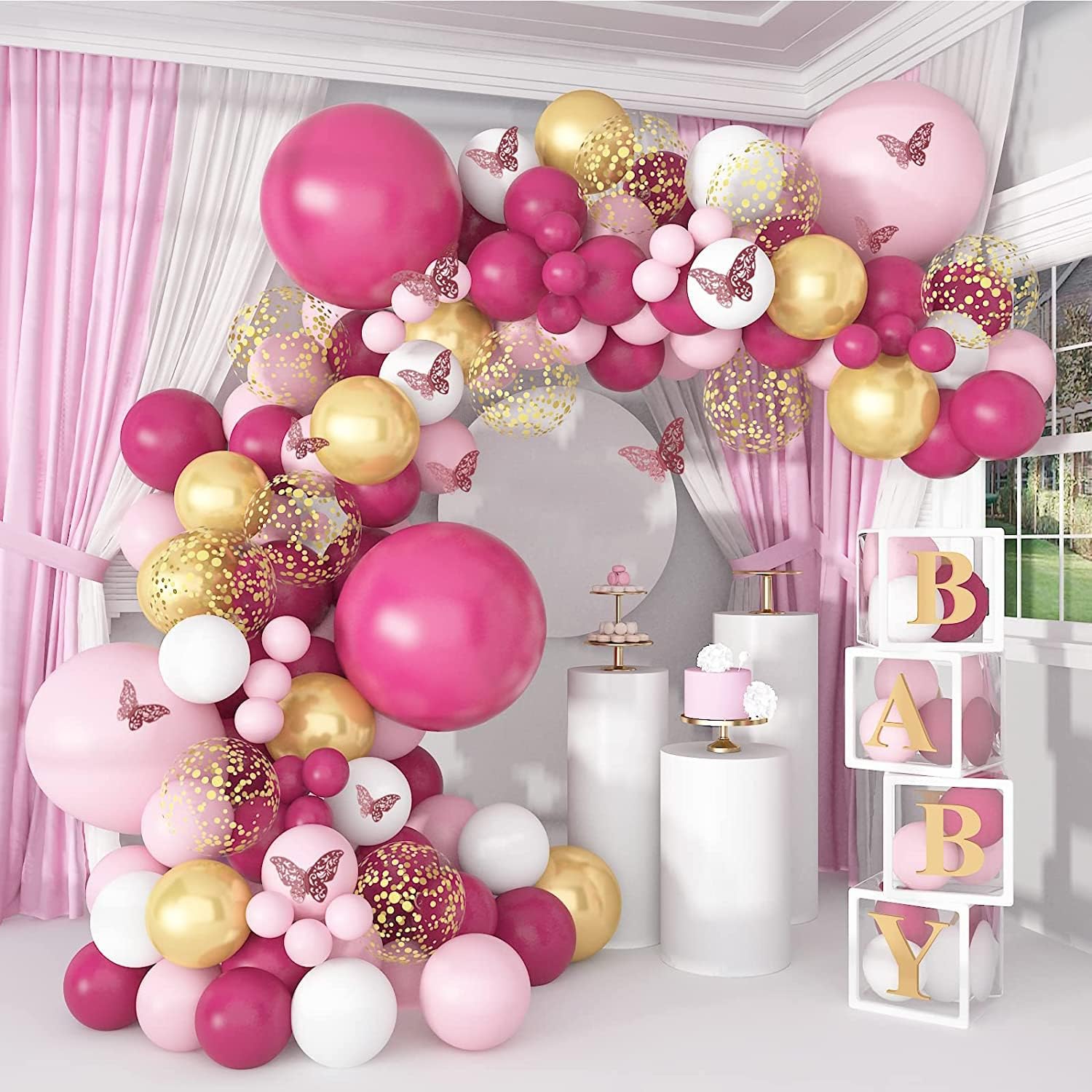 Cooci Hot Pink Butterflies Balloon Garland Arch Kit, 114 Pcs Hot Pink Gold Balloons With 12 Pcs Butterfly Stickers for Birthday Baby Shower Wedding Bridal Shower Party Decorations