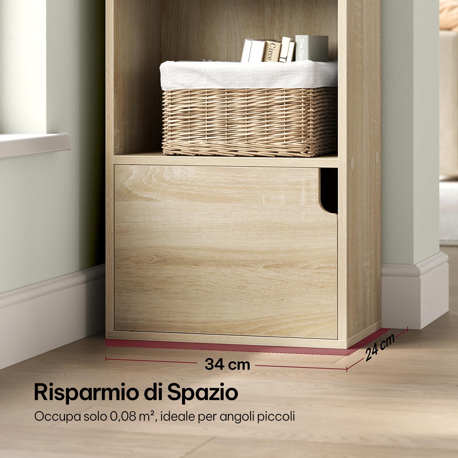 eSituro Libreria Verticale con 3 Scomparti a Giorno e 1 Armadietto, Scaffale Salvaspazio per Studio, Ufficio, in Truciolare e MDF, Legno Chiaro, 34x24x106 cm