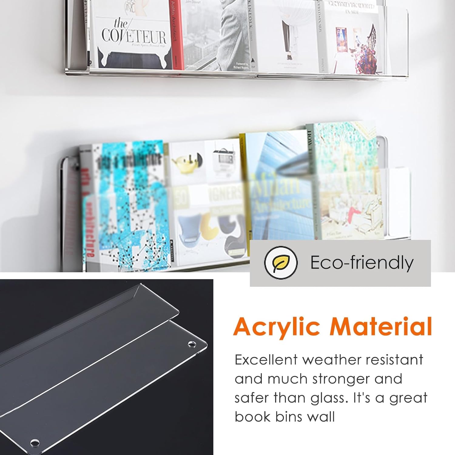 Wall Mount Literature Brochure File Storage Rack, 2 Pack Clear Acrylic Magazine Holder, Modern Hanging Vertical Bookshelves for Bathroom/Office(40x5x15cm(15.7x1.9x5.9in))