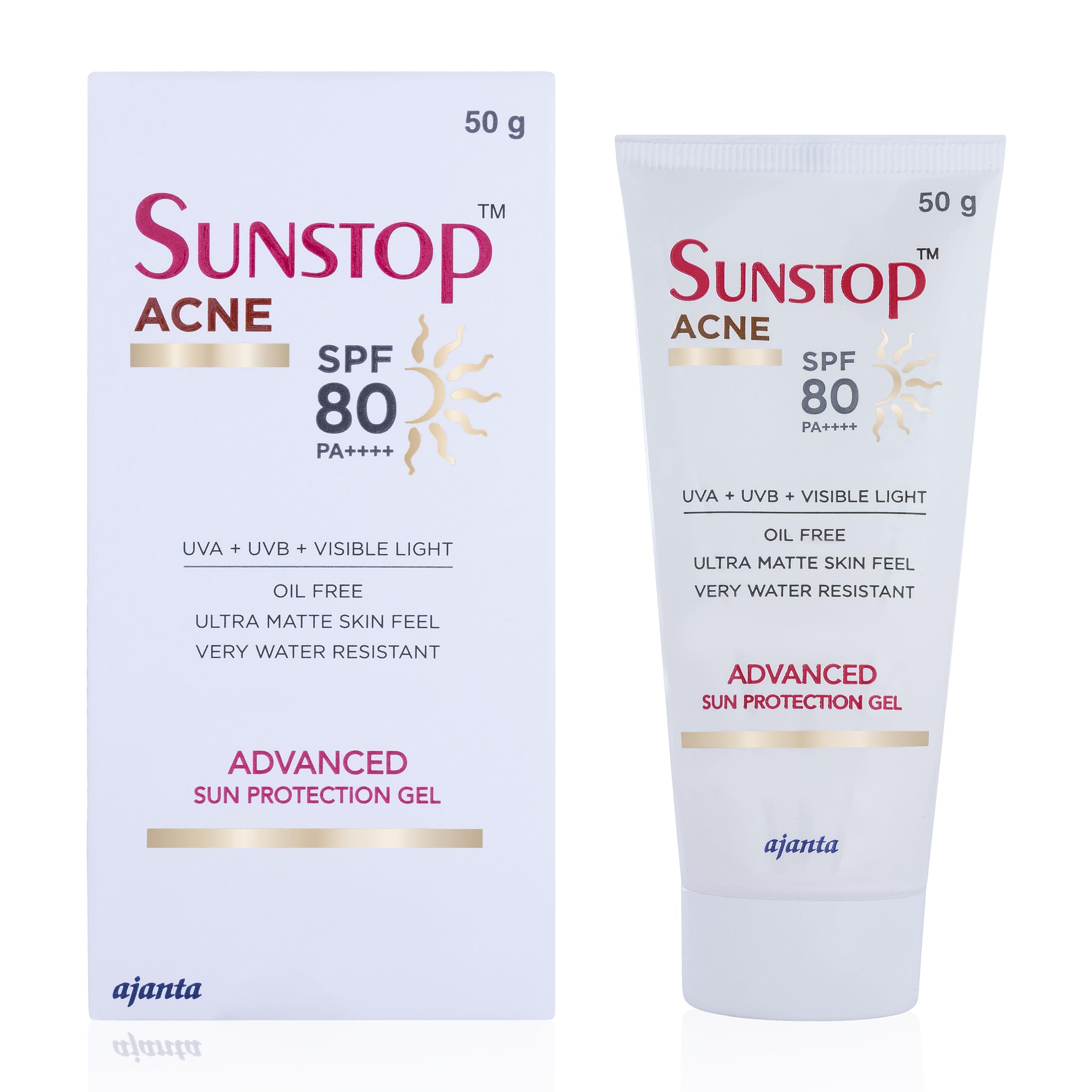 SUNSTOP Acne Gel SPF 80 - Ultra-Matte, Oil-Free Sunscreen for Acne-Prone & Oily Skin with Postbiotic Complex - Very Water-Resistant, Non-Comedogenic - 50gm