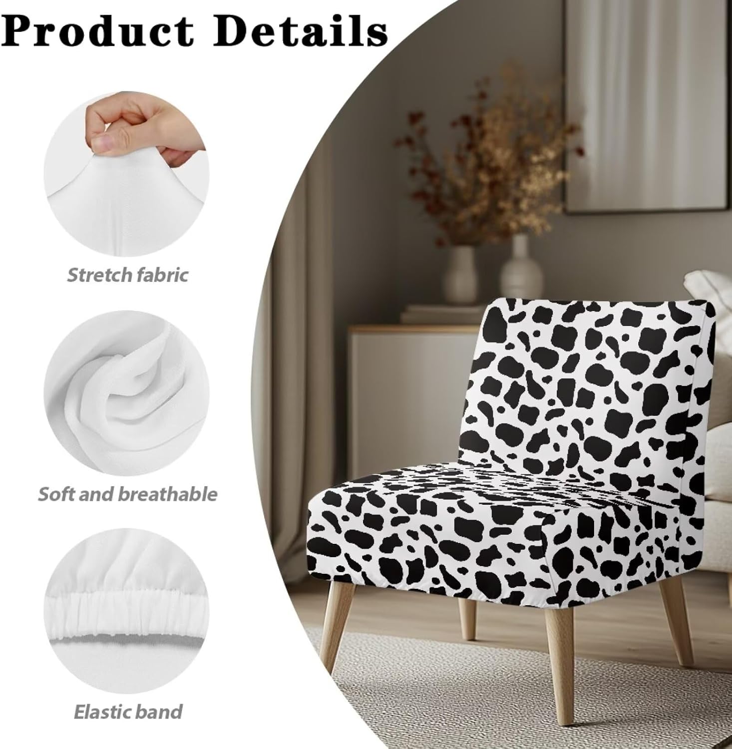 Set of 2 Armless Accent Chairs Covers Thick Cow Print Armless Sofa Cover Stretchable Couch Cover Removable Slipper Chair Slipcover Decorations for Living Dining Room Hotel