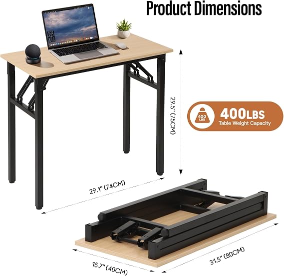 Panana Small Foldable Computer Desk, 31.5 inch Folding Home Office Desk for Small Spaces, Modern Simple Style for Home, Office, Study, Writing, No Assembly Required (Natural Wood, 31.5 x 15.7)