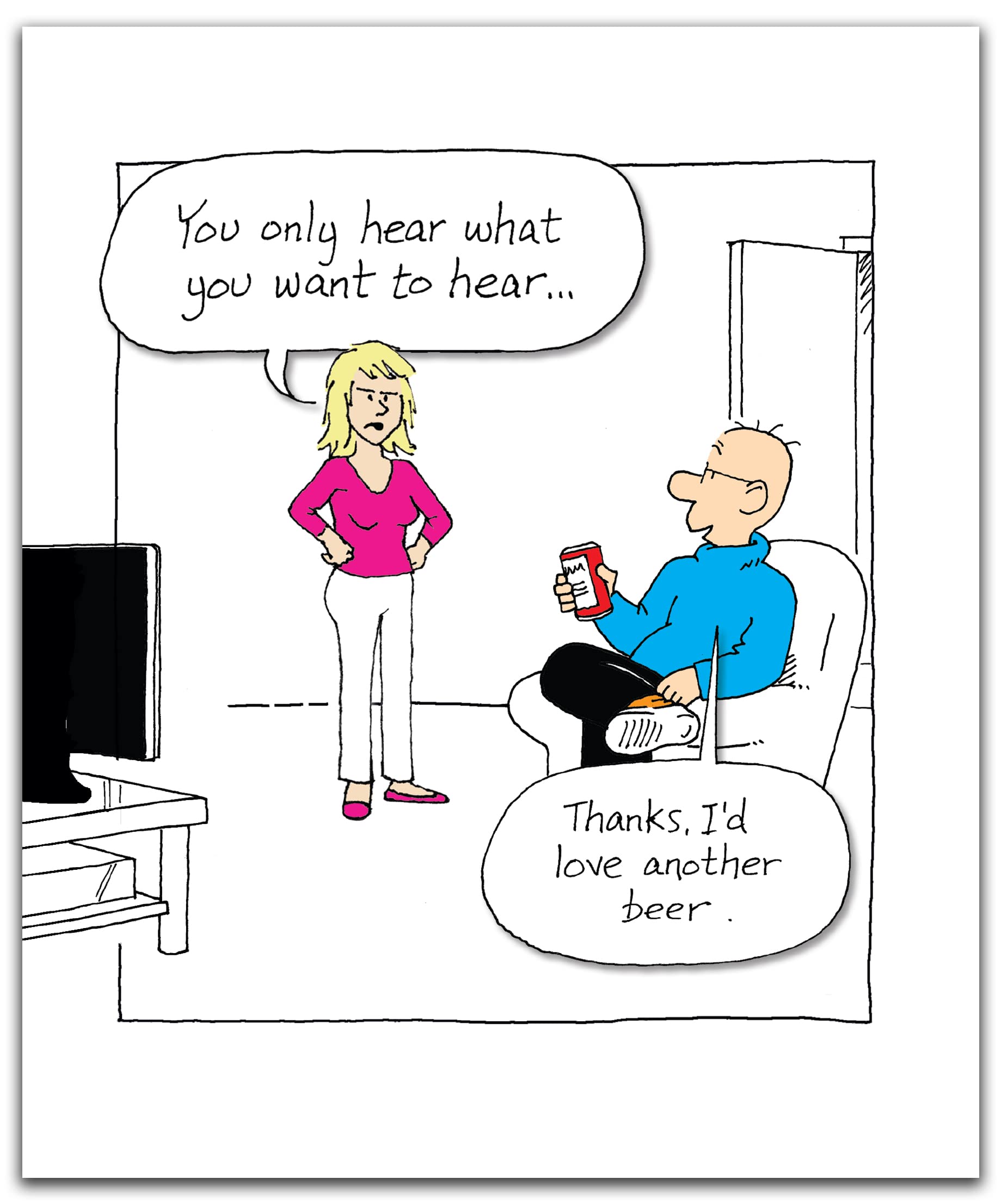 Emotional Rescue Val with hands on her hips, Norbert sat in the chair